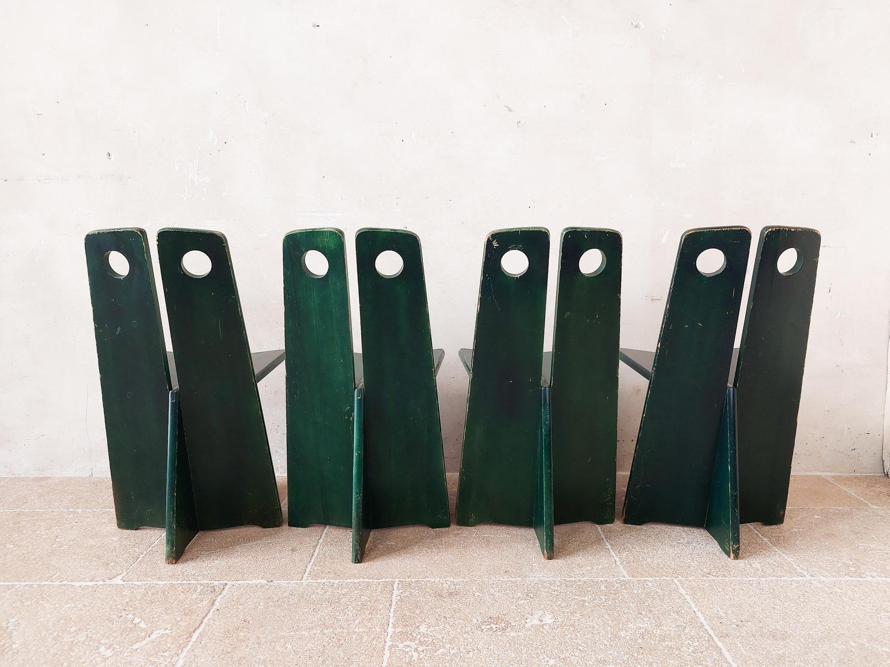 Satz von 4 Vintage-Stühlen von Gilbert Marklund aus grünem, patiniertem Kiefernholz aus den 1970er Jahren 4