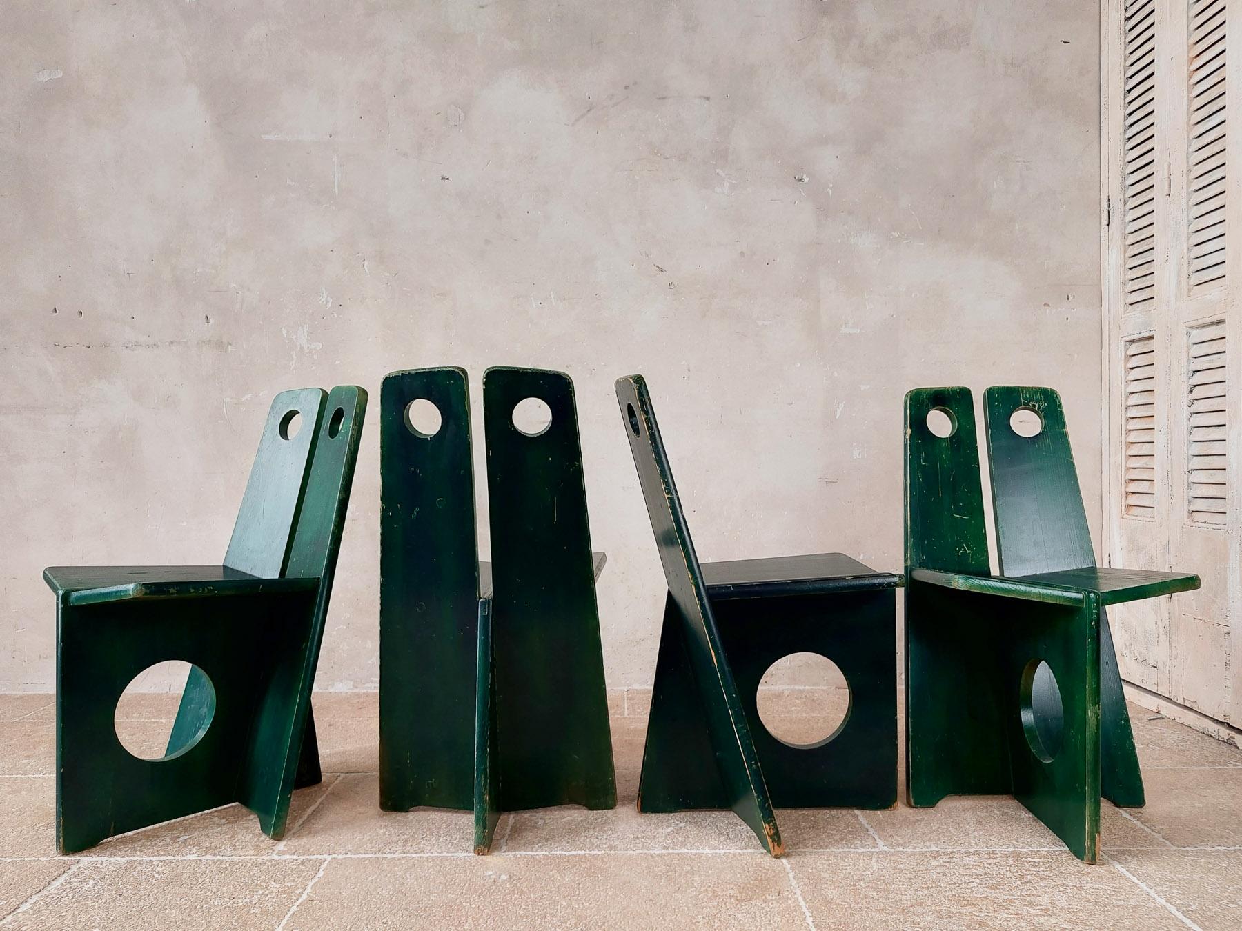 Set of 4 Vintage Gilbert Marklund Chairs in Green Patinated Pine from the 1970s 6