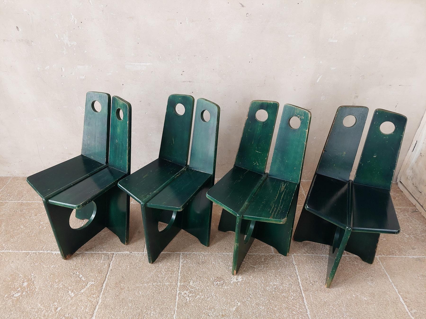 Set of 4 Vintage Gilbert Marklund Chairs in Green Patinated Pine from the 1970s 2