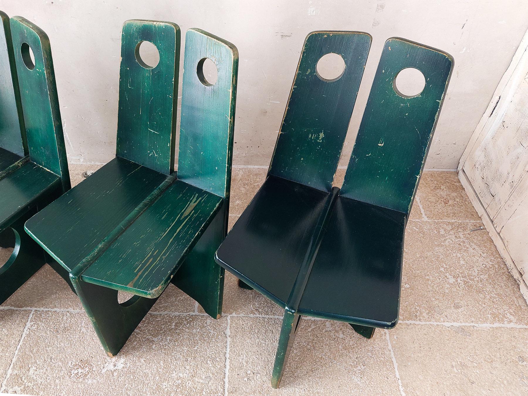 Satz von 4 Vintage-Stühlen von Gilbert Marklund aus grünem, patiniertem Kiefernholz aus den 1970er Jahren 3