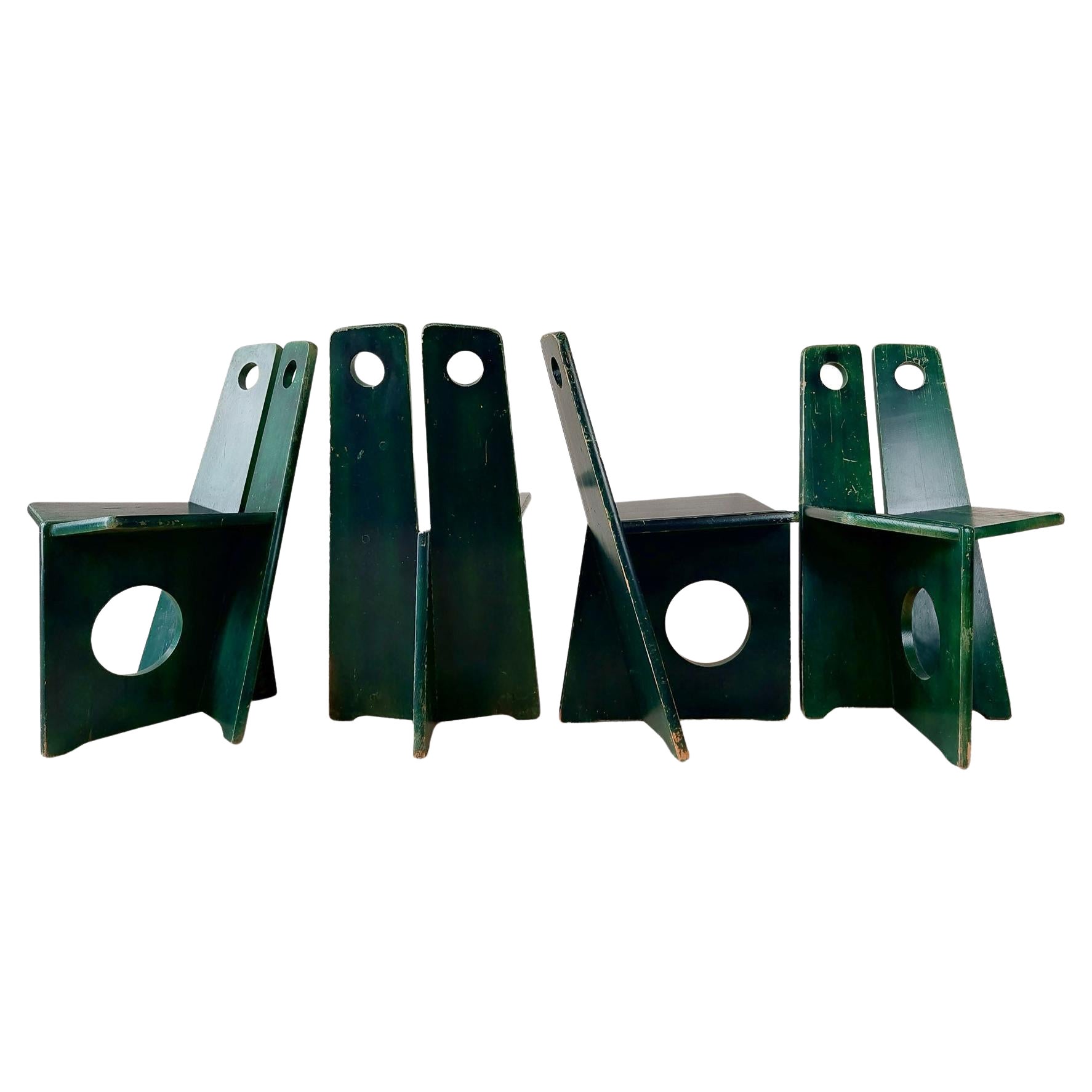 Set of 4 Vintage Gilbert Marklund Chairs in Green Patinated Pine from the 1970s