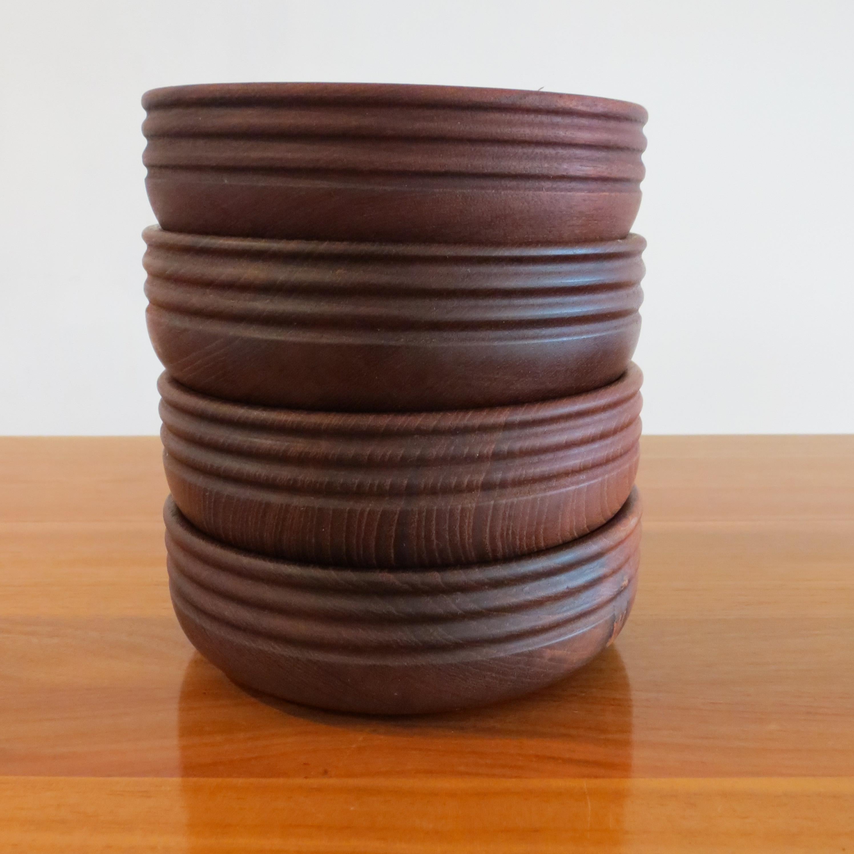 English Set of 4 Vintage Handmade Teak Wooden Bowls by Galatix