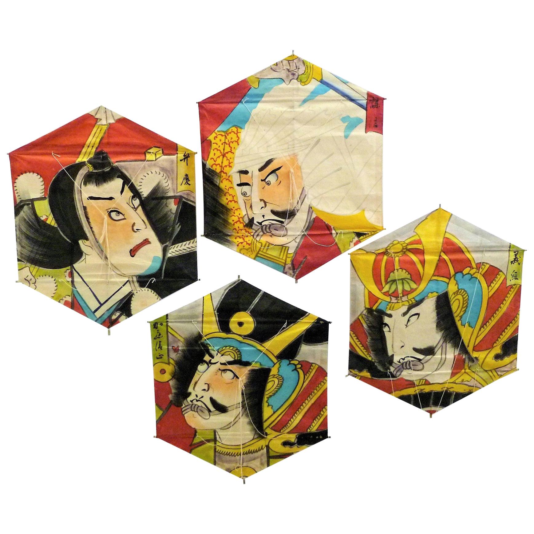 Set of 4 Vintage Hand Painted Japanese Kites Warlord Depictions, 1970s
