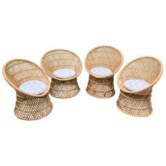 Set of 4 Vintage Handwoven Wicker Barrel Chairs