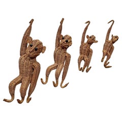 Set of 4 Vintage Hanging Wicker Monkeys 1960's