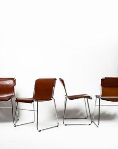 Set of 4 Vintage Italian Chrome & Leather Chairs 1970s