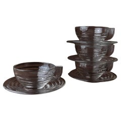 Set of 4 Vintage Italian Glass Cups with Saucers - Embossed Grooves, 1960s