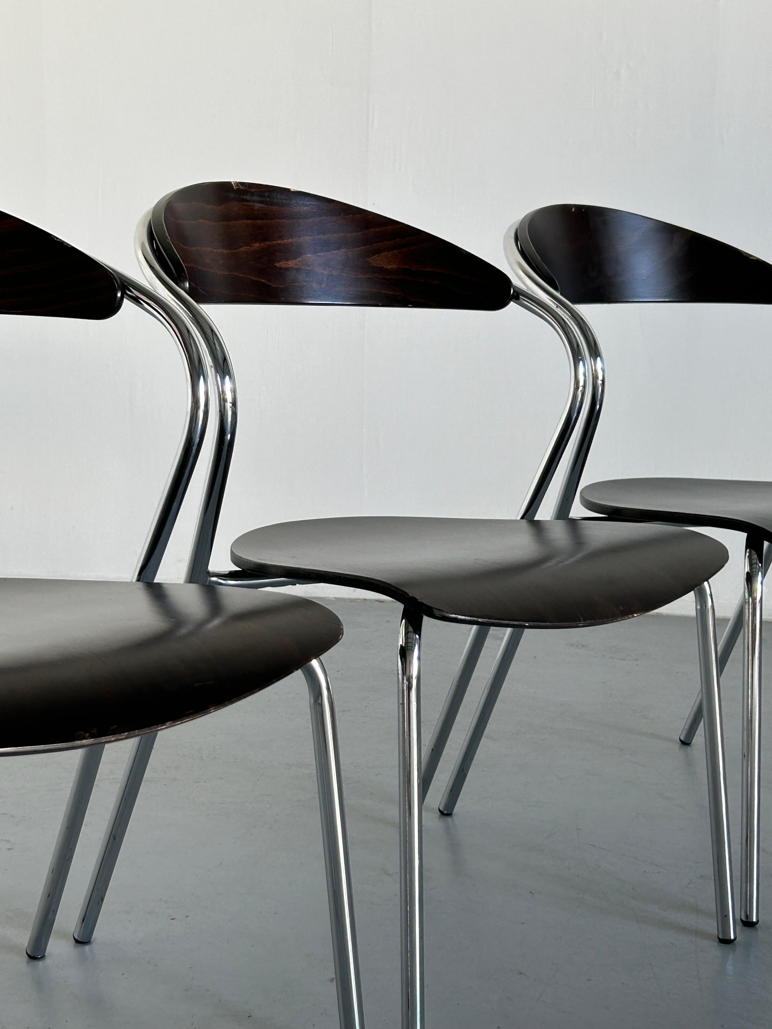 Set of 4 Vintage Italian Memphis Design Postmodern Chairs, Plywood & Chrome, 80s 4