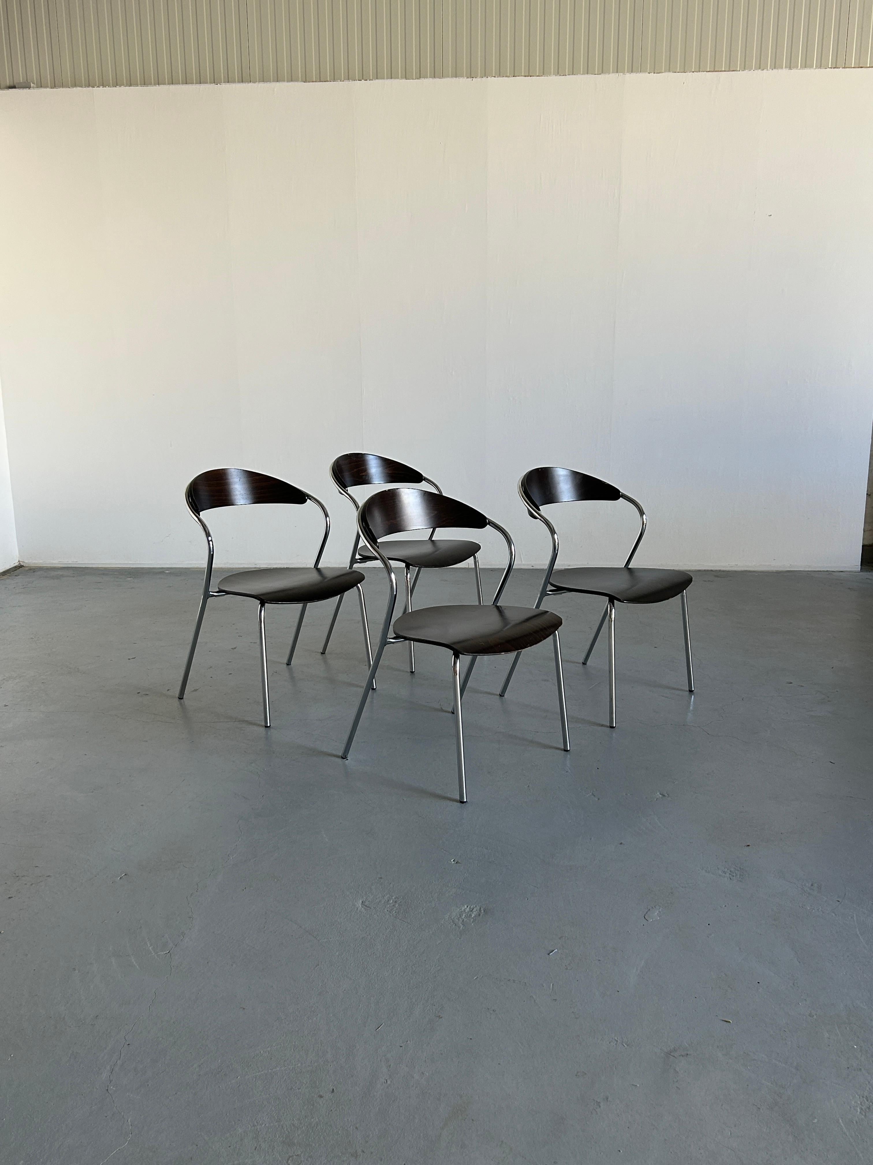 Post-Modern Set of 4 Vintage Italian Memphis Design Postmodern Chairs, Plywood & Chrome, 80s