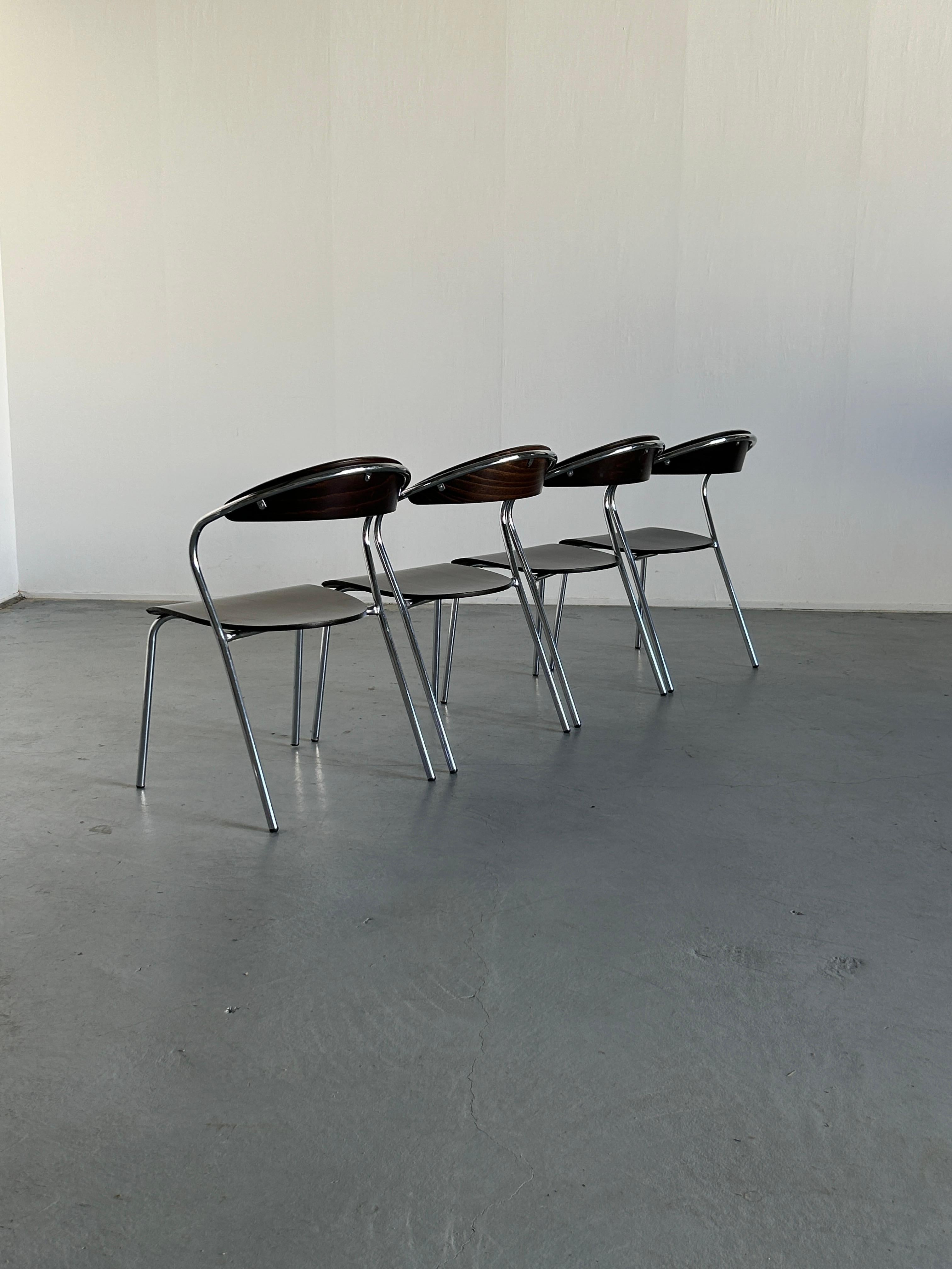 Set of 4 Vintage Italian Memphis Design Postmodern Chairs, Plywood & Chrome, 80s In Good Condition In Zagreb, HR