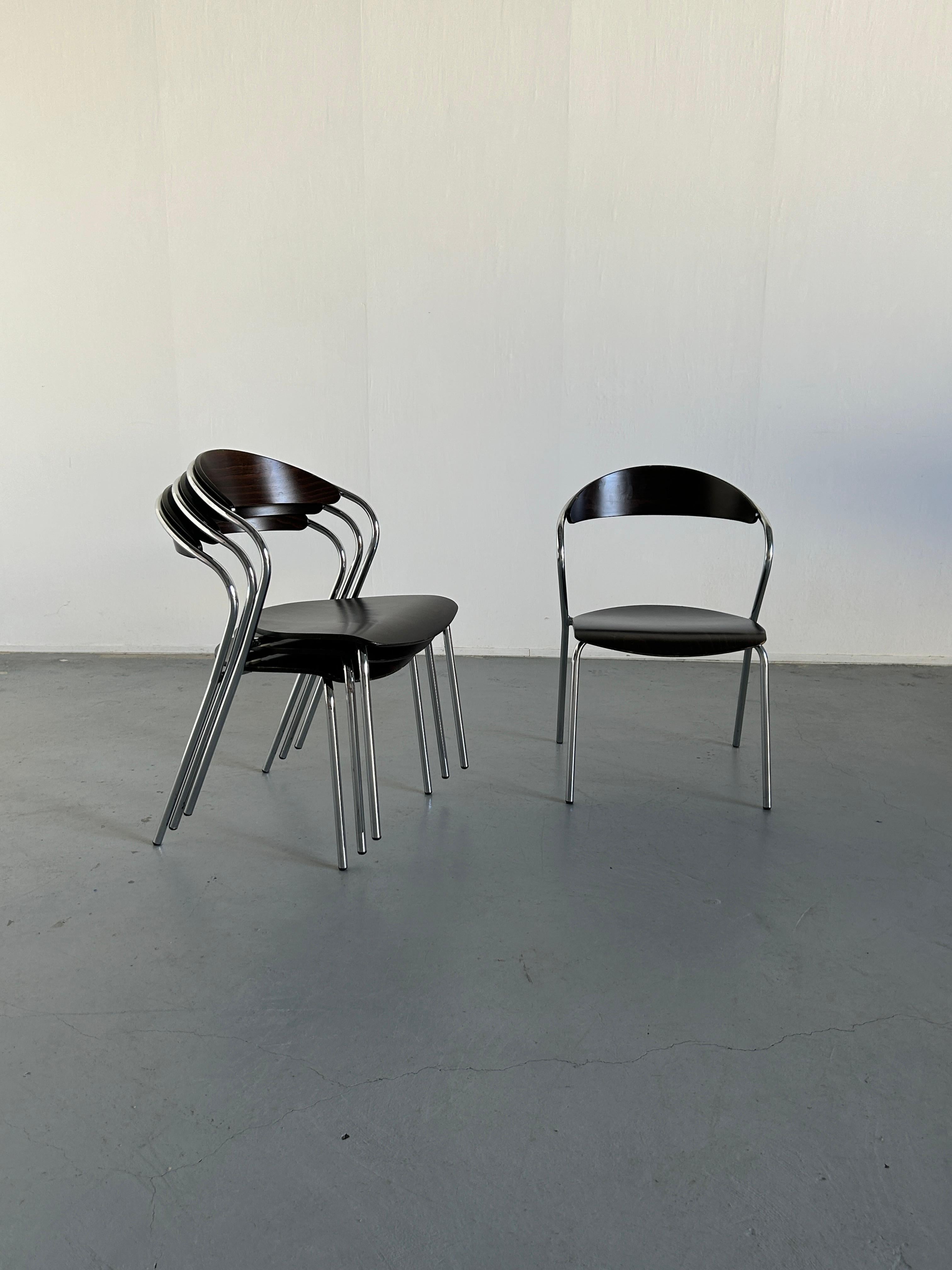 Late 20th Century Set of 4 Vintage Italian Memphis Design Postmodern Chairs, Plywood & Chrome, 80s