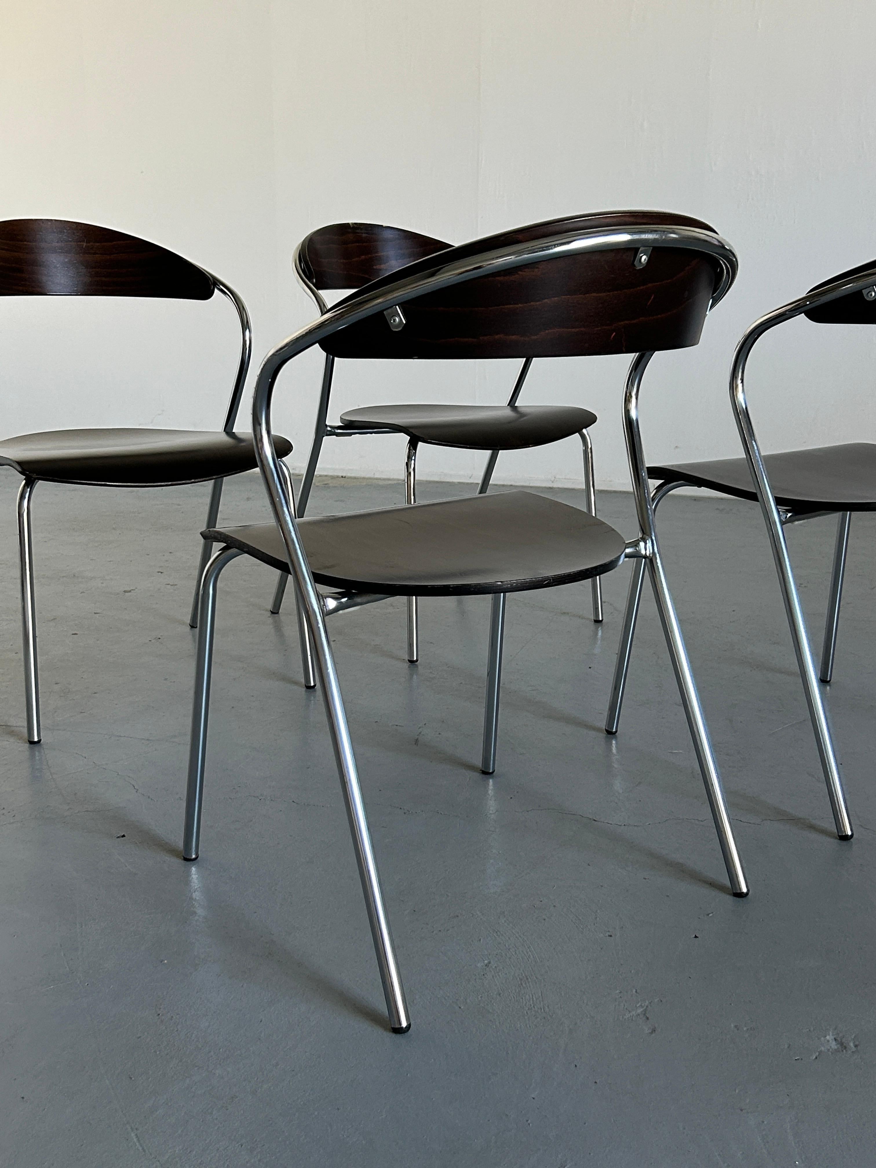 Metal Set of 4 Vintage Italian Memphis Design Postmodern Chairs, Plywood & Chrome, 80s