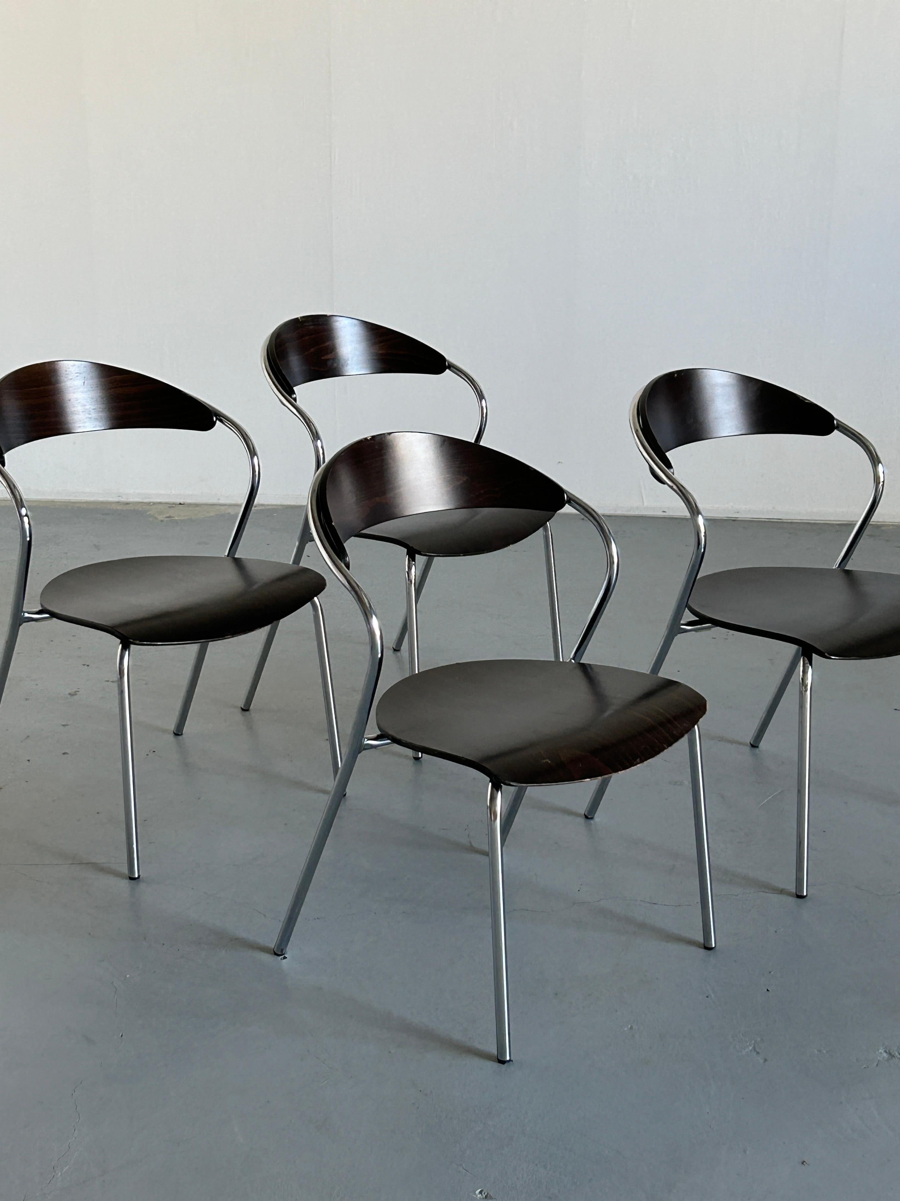 Set of 4 Vintage Italian Memphis Design Postmodern Chairs, Plywood & Chrome, 80s 1