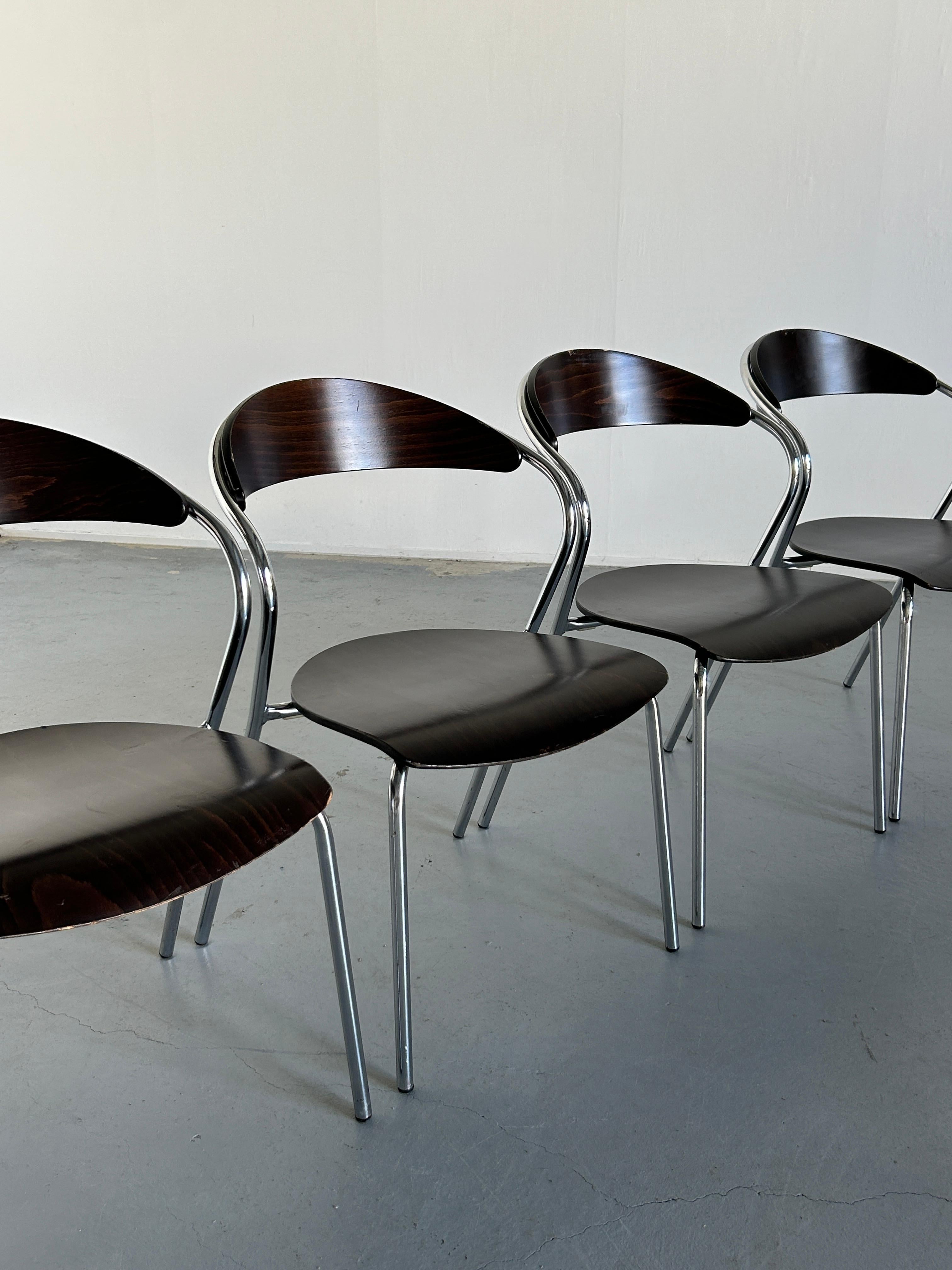 Set of 4 Vintage Italian Memphis Design Postmodern Chairs, Plywood & Chrome, 80s 3