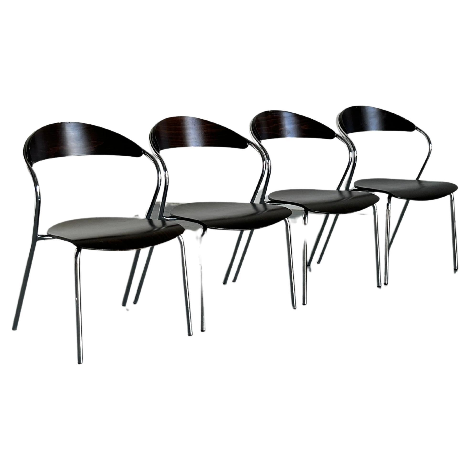 Set of 4 Vintage Italian Memphis Design Postmodern Chairs, Plywood & Chrome, 80s