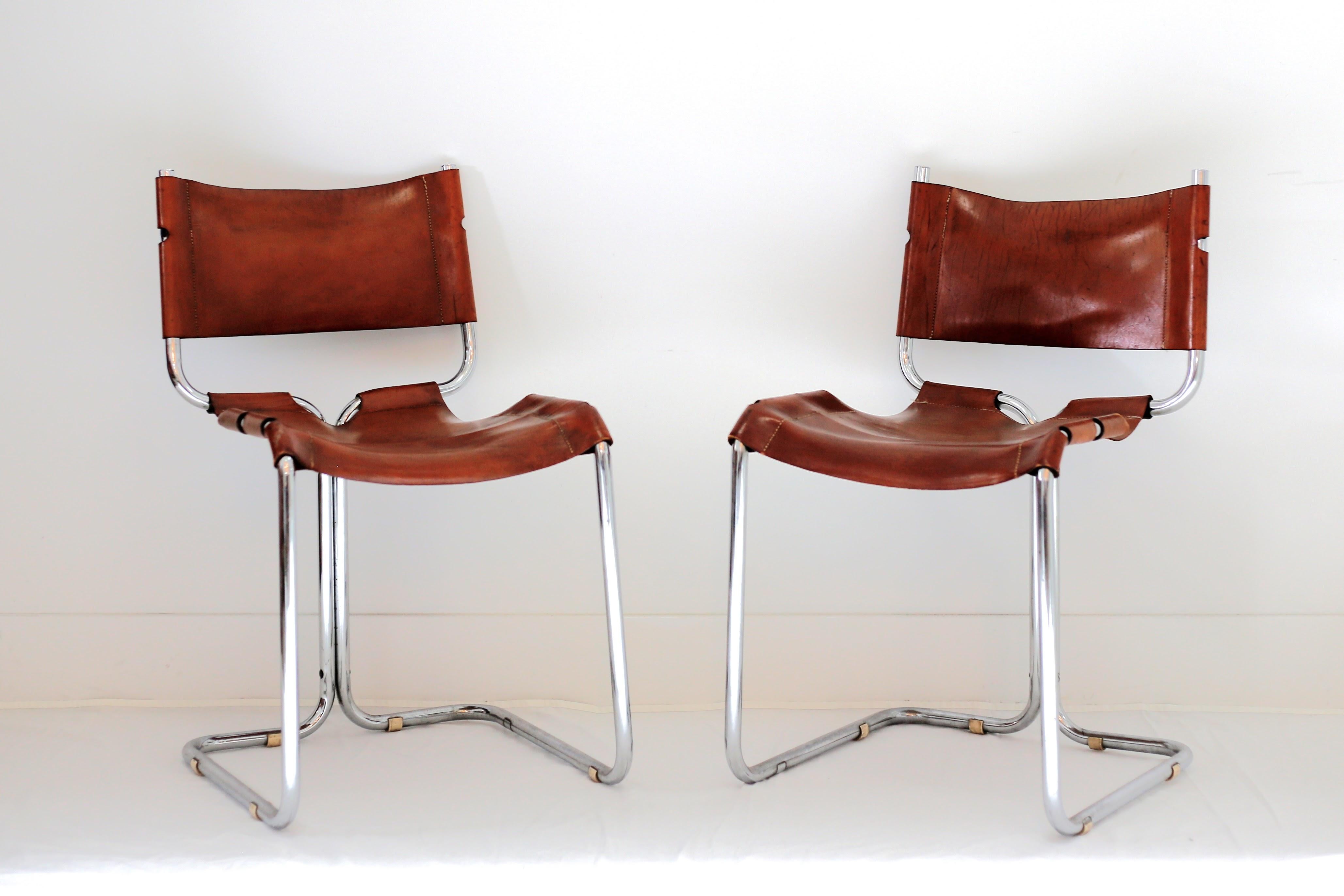 European Set of 4 Vintage Leather Chrome Side Chair
