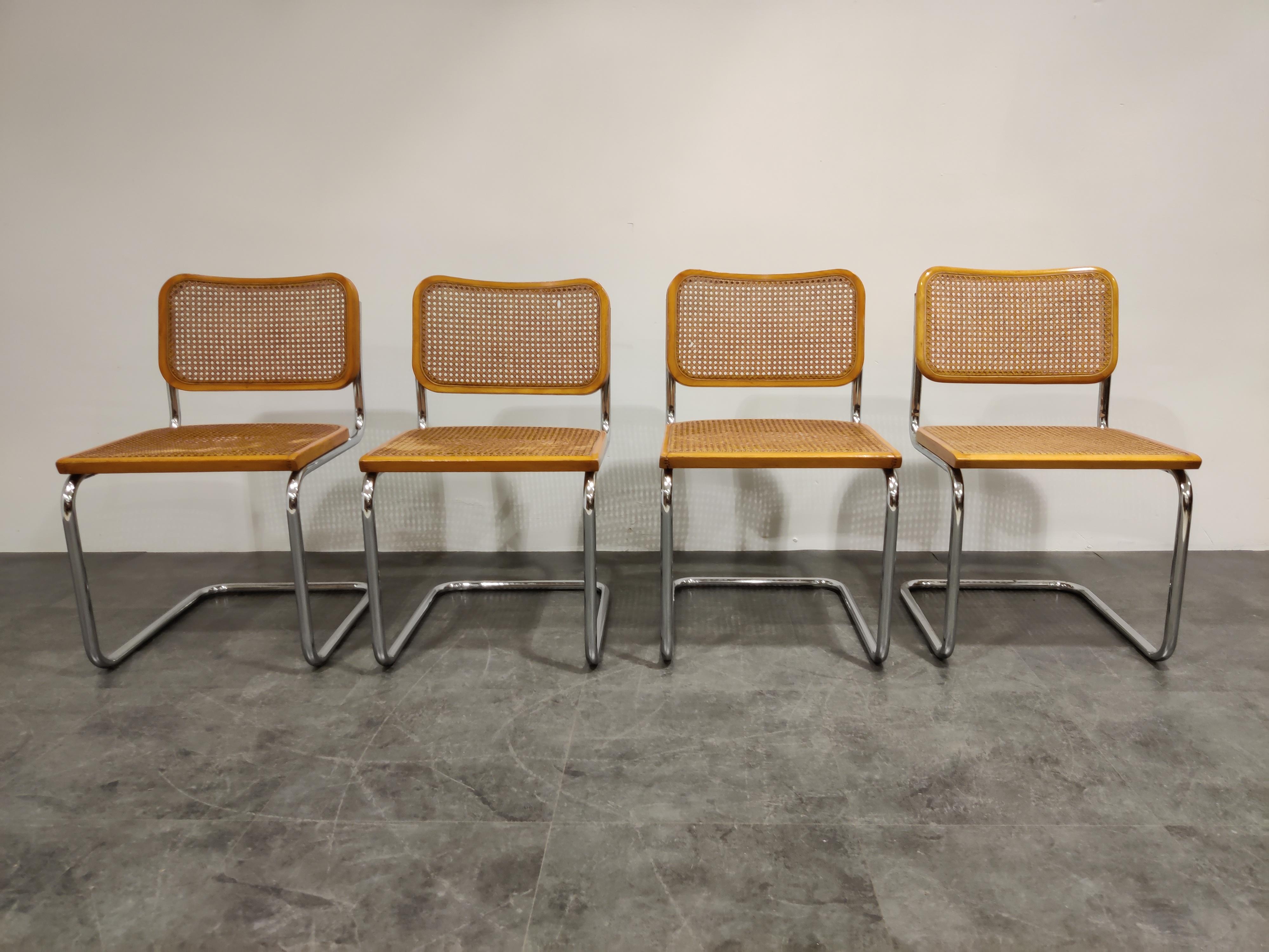 Marcel Breuer Bauhaus design chairs. 

Original used condition, still very usable and no major damages.

These are quite early edition with a sticker we haven't seen before.

Labeled 'made in italy'

1970s - Italy

Dimensions:
Height