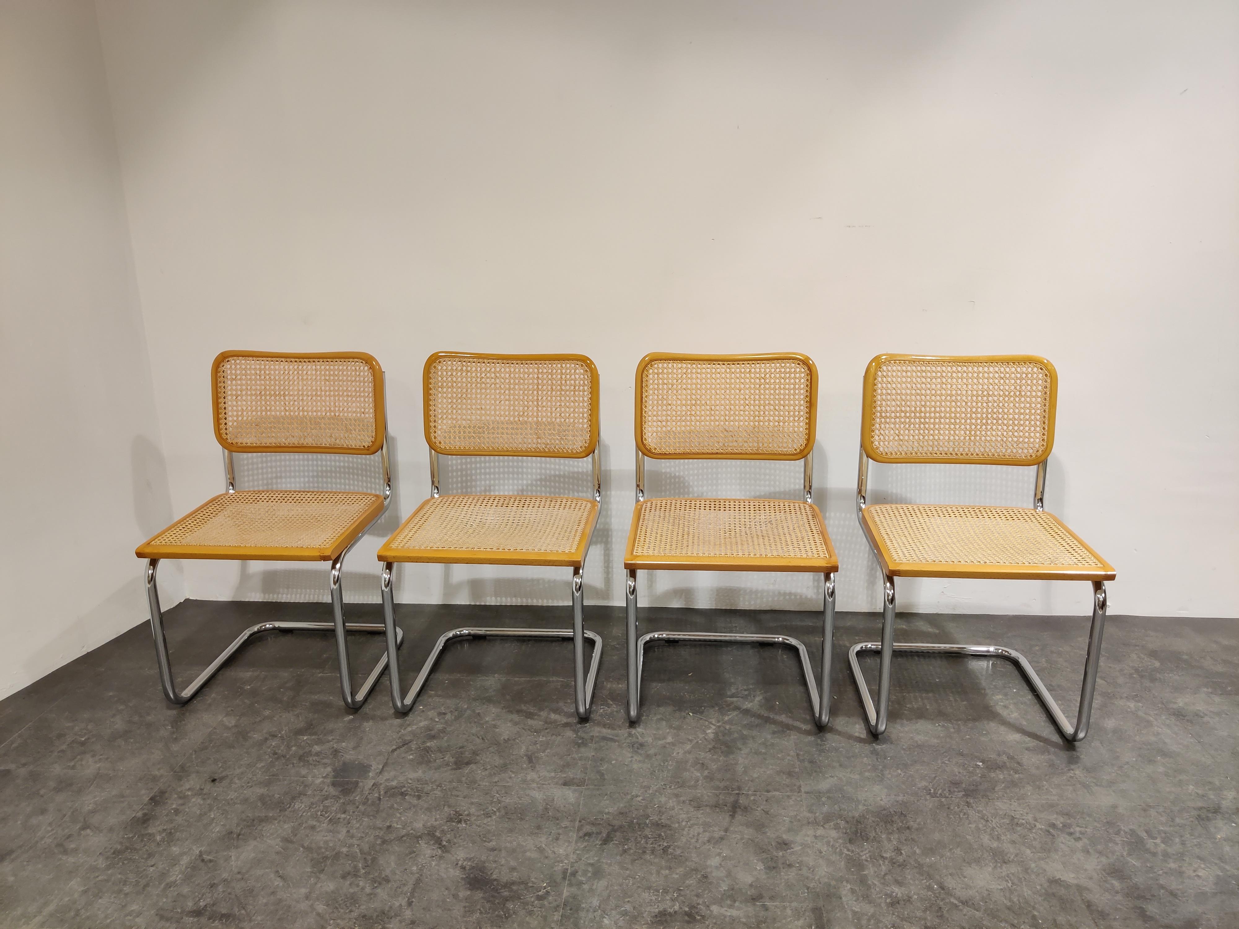 Marcel Breuer Bauhaus design chairs. 

Condition:
Chrome is good
Two seats are a bit more used but have no holes. All perfectly usable as they are. 

The chairs are very popular for modern day interiors yet the original design dates back to