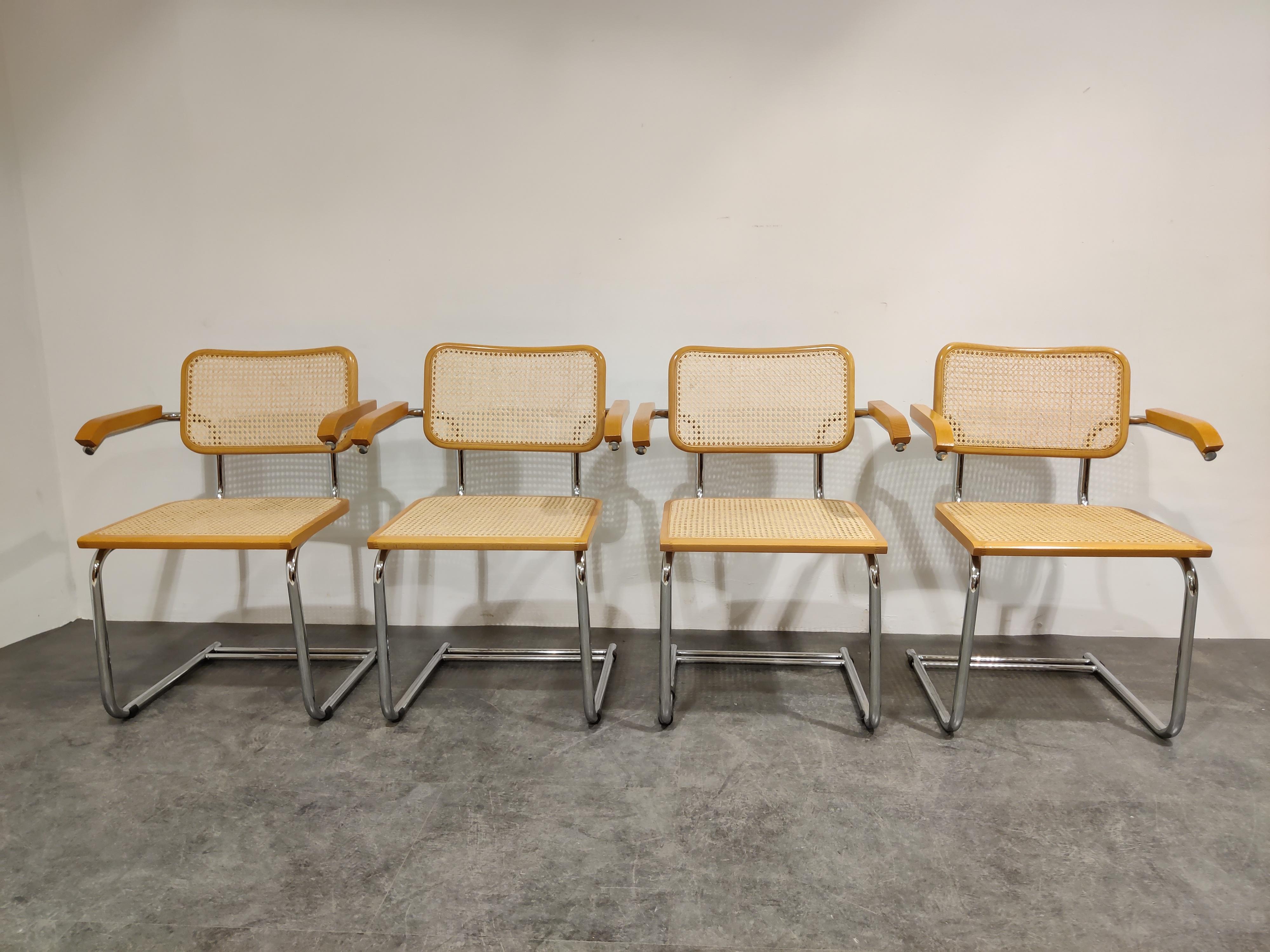 Beautiful Bauhaus style armchairs or dining chairs very much in the style of Marcel Breuer's Cesca chairs.

Notice the unusual cantilever base, a model we havent encountered before. 

Stamped 'made in italy'

1970s - Italy

Dimensions:
Height: