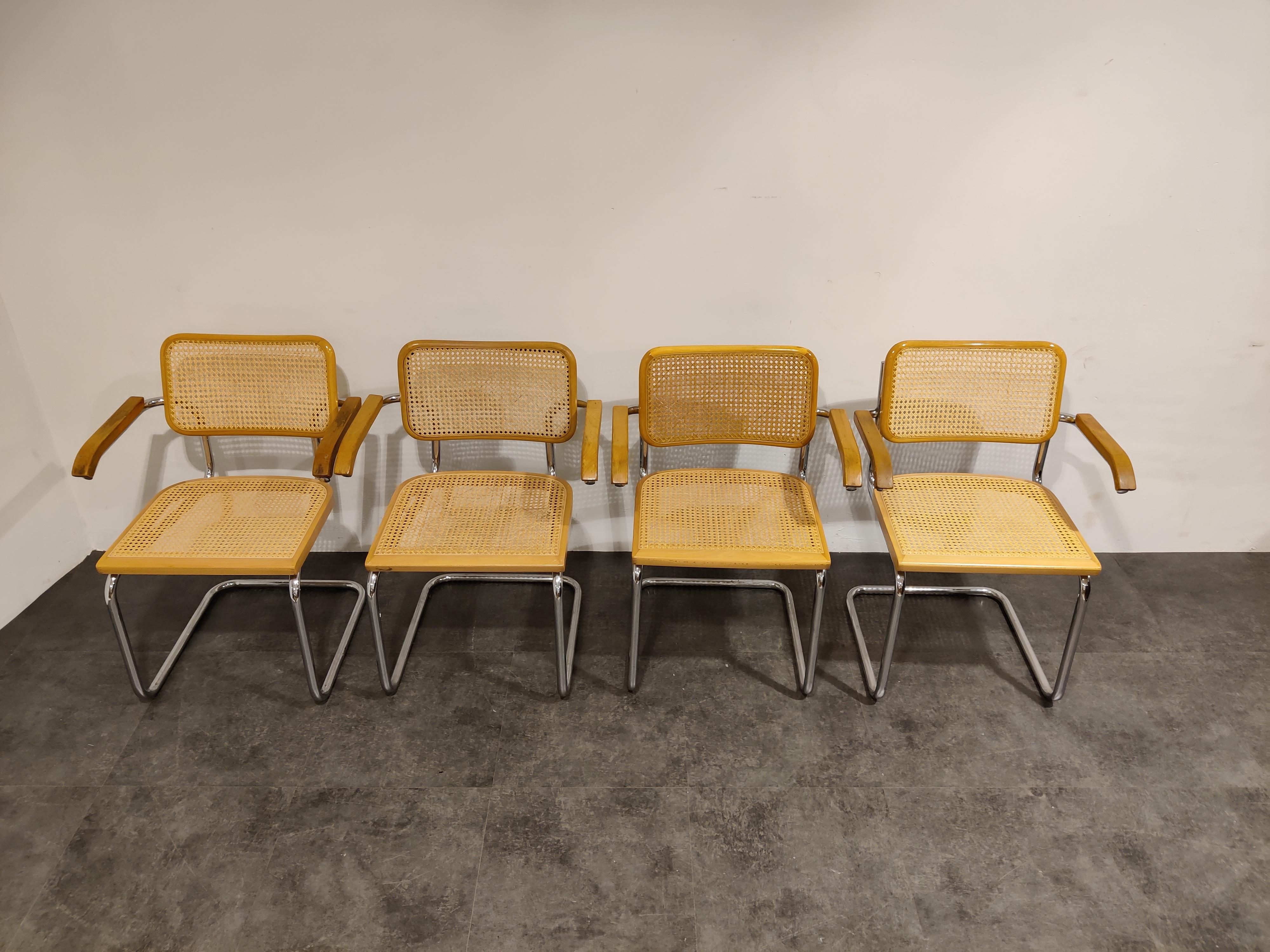 Marcel Breuer style cesca Bauhaus design chairs. 

Good condition.

Very popular design which mixes well with most interiors. The Bauhaus design never gets old.

1970s - Italy

Dimensions:
Height: 80cm/31.49