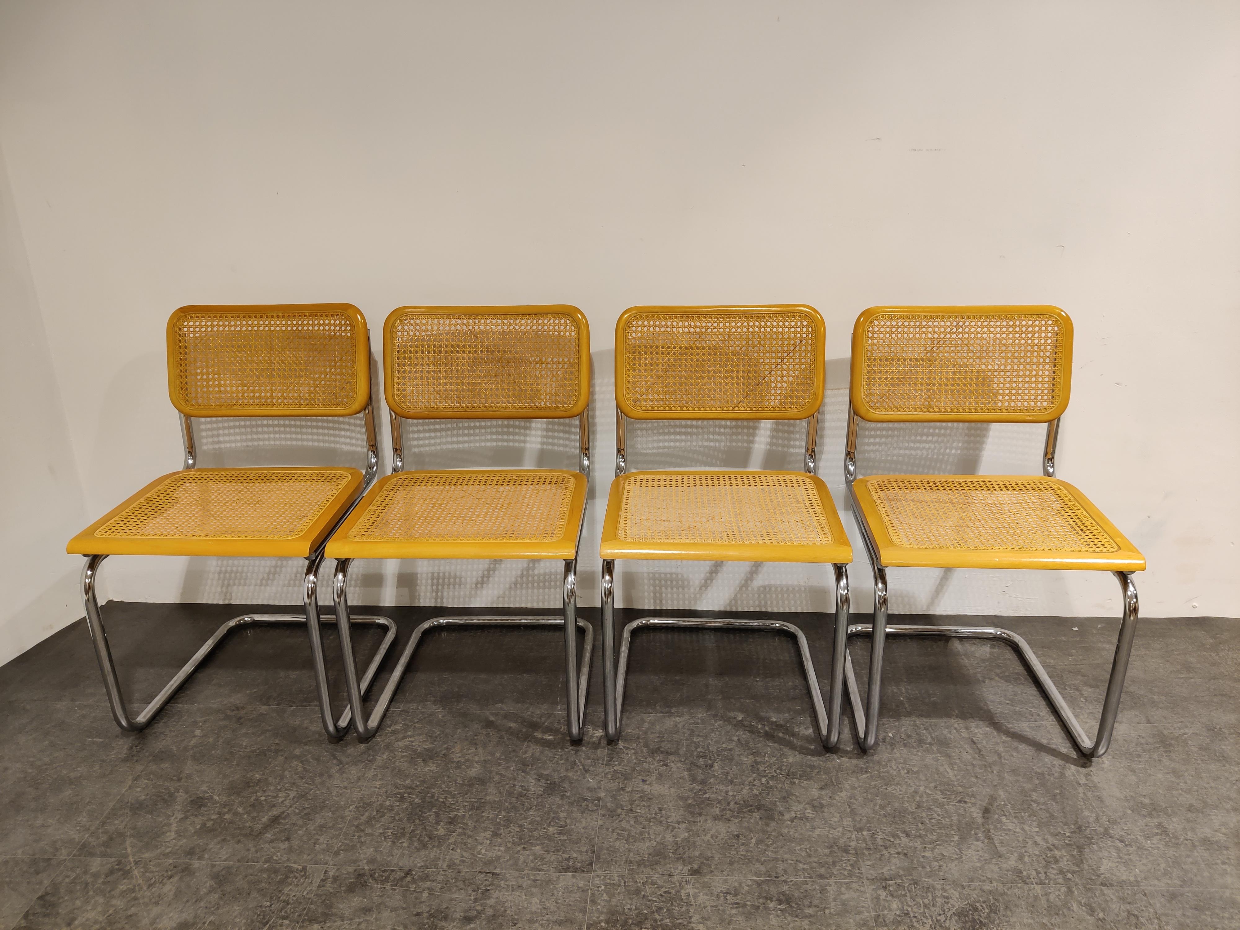 Marcel Breuer style Cesca Bauhaus design chairs. 

Good condition.

Very popular design which mixes well with most interiors. The Bauhaus design never gets old,

1970s, Italy

Dimensions:
Height: 80cm/31.49