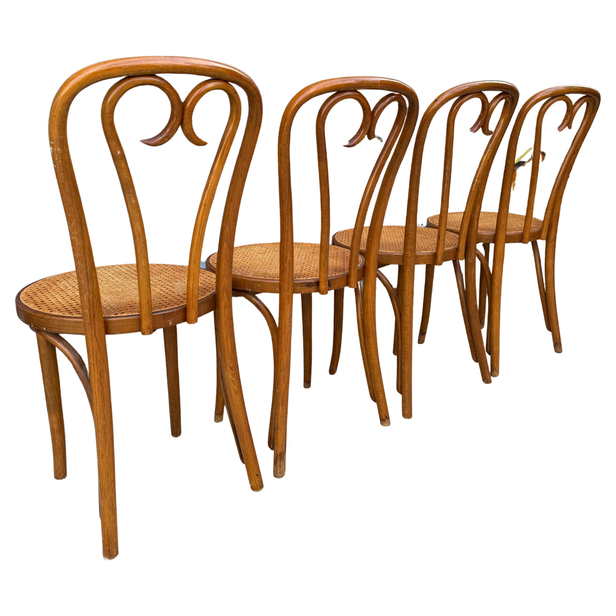 Polish Set of 4 Vintage Mid century Dining Cafe Cane Bentwood Chairs by Thonet
