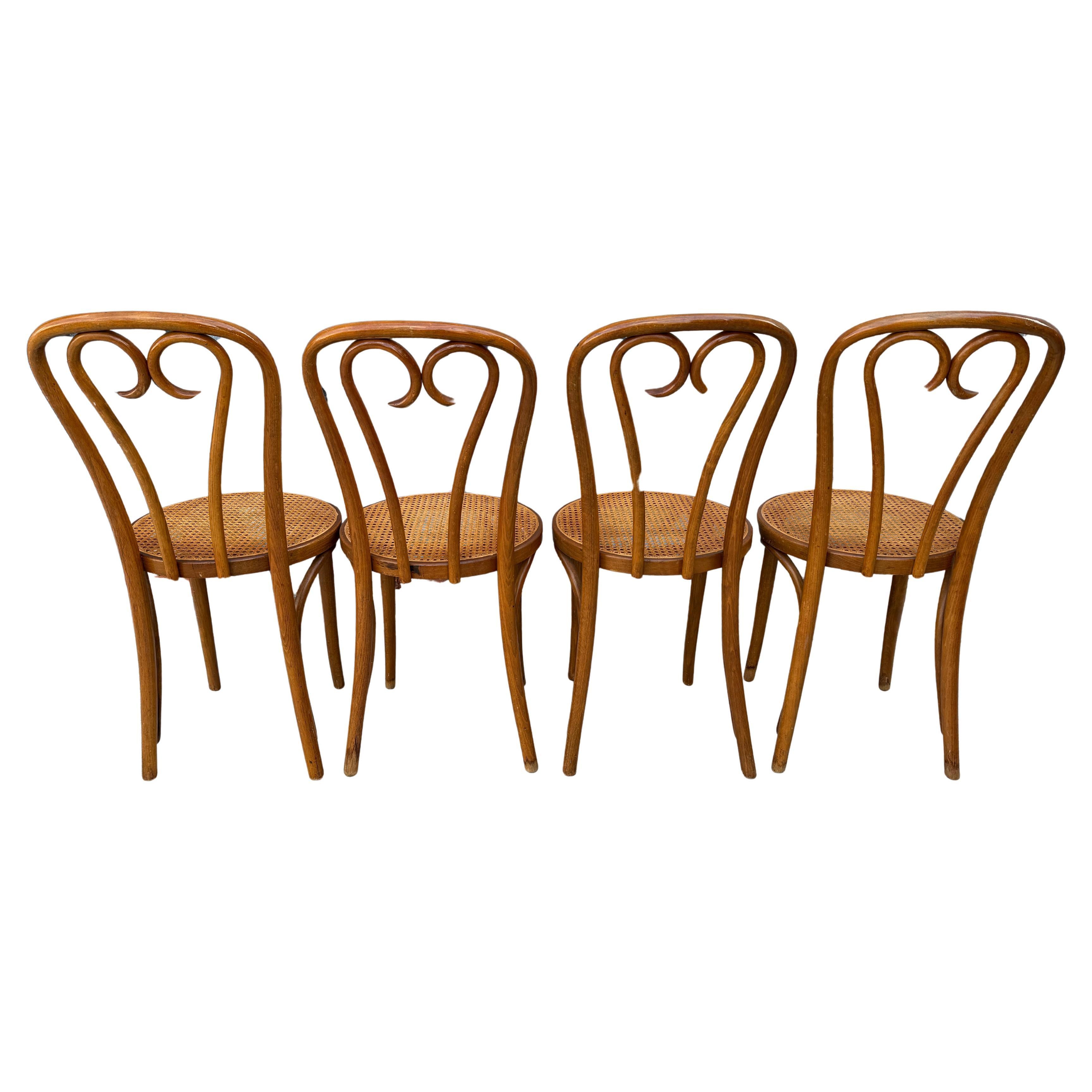 Woodwork Set of 4 Vintage Mid century Dining Cafe Cane Bentwood Chairs by Thonet