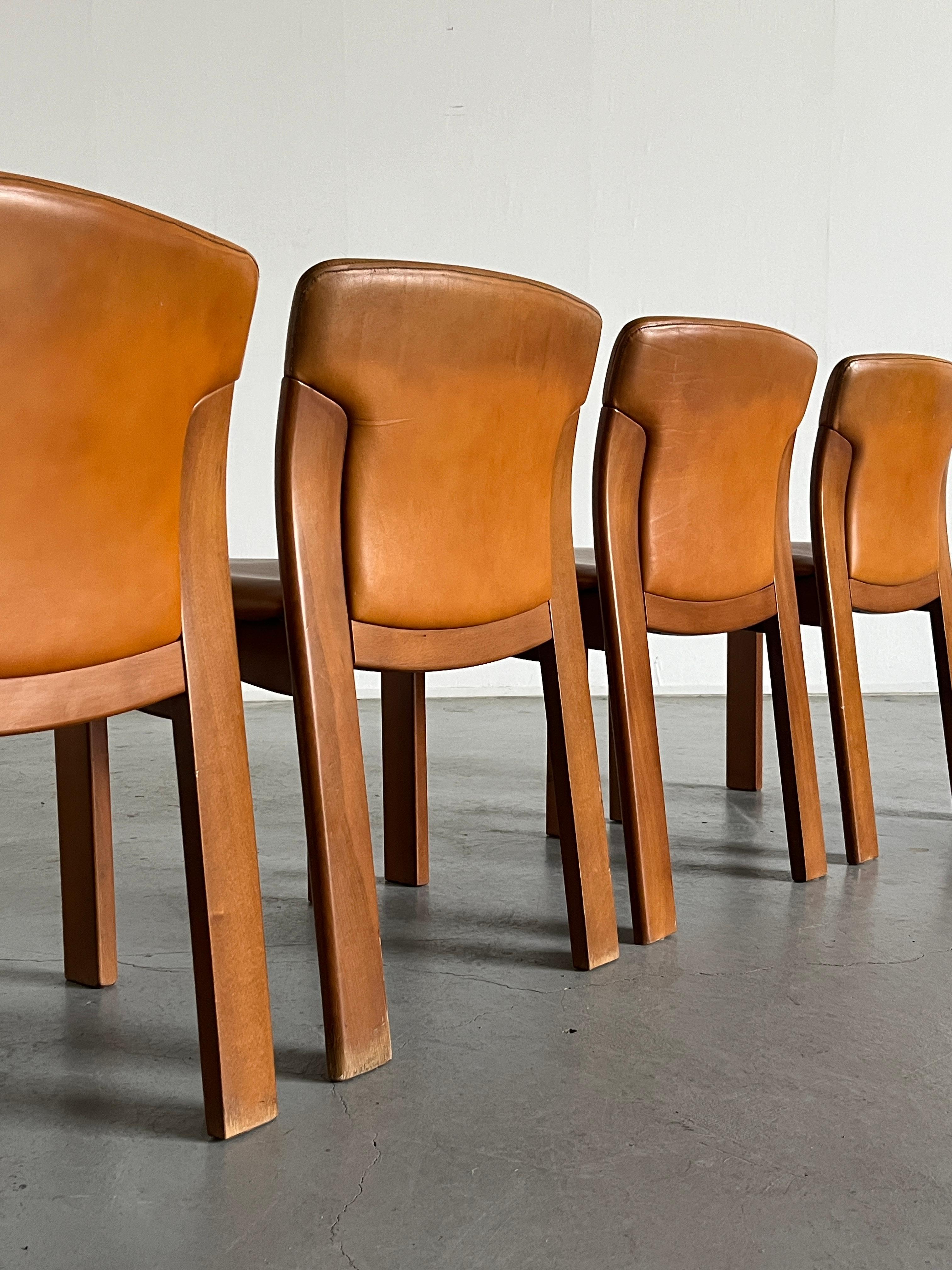 Set of 4 Vintage Mid-Century Dining Chairs, Cognac Leather and Wood, 70s Italy 3