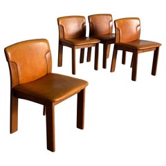 Set of 4 Vintage Mid-Century Dining Chairs, Cognac Leather and Wood, 70s Italy