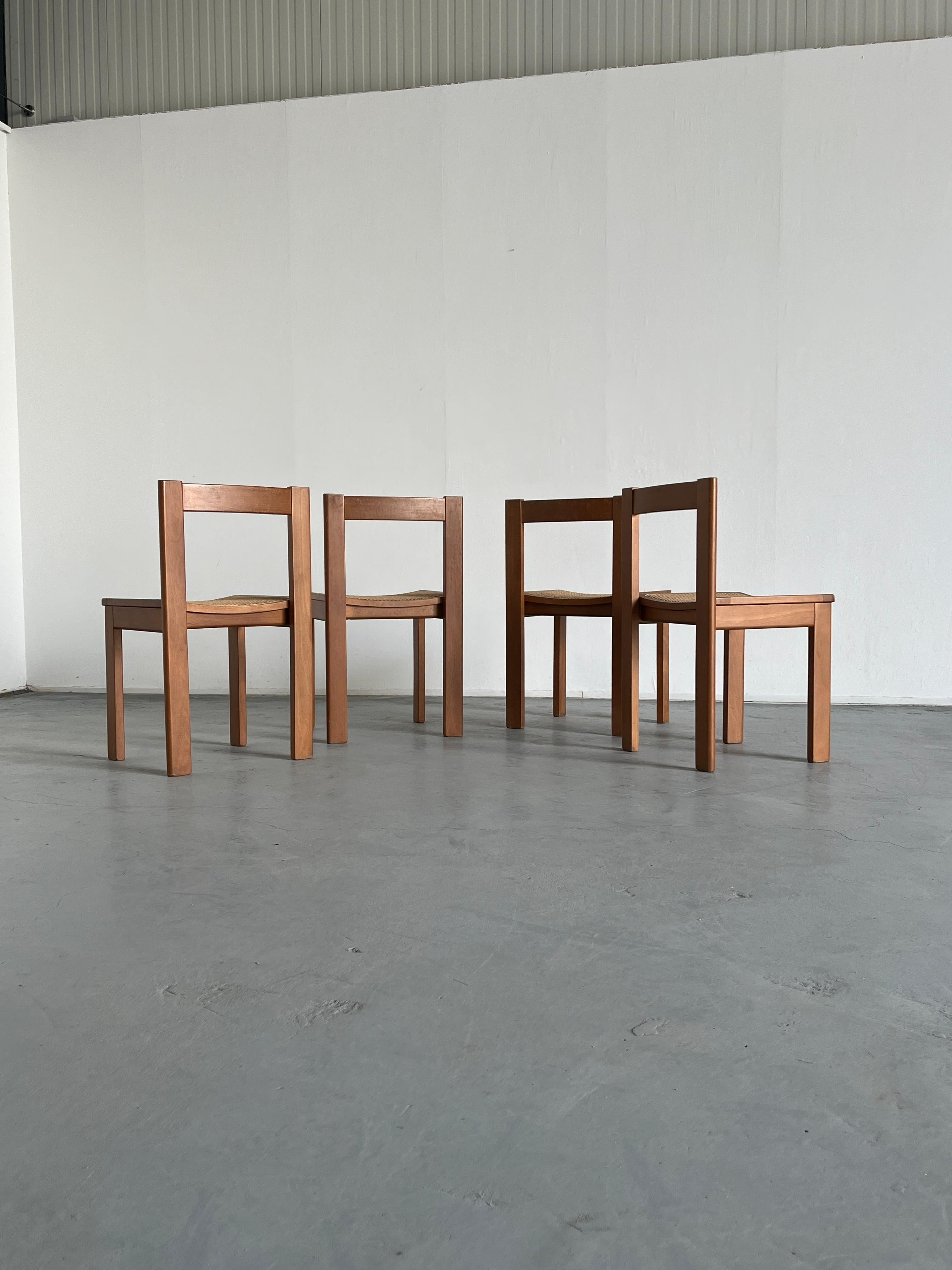 Cane Set of 4 Vintage Mid-Century Modern Constructivist Wooden Dining Chairs, 1960s For Sale