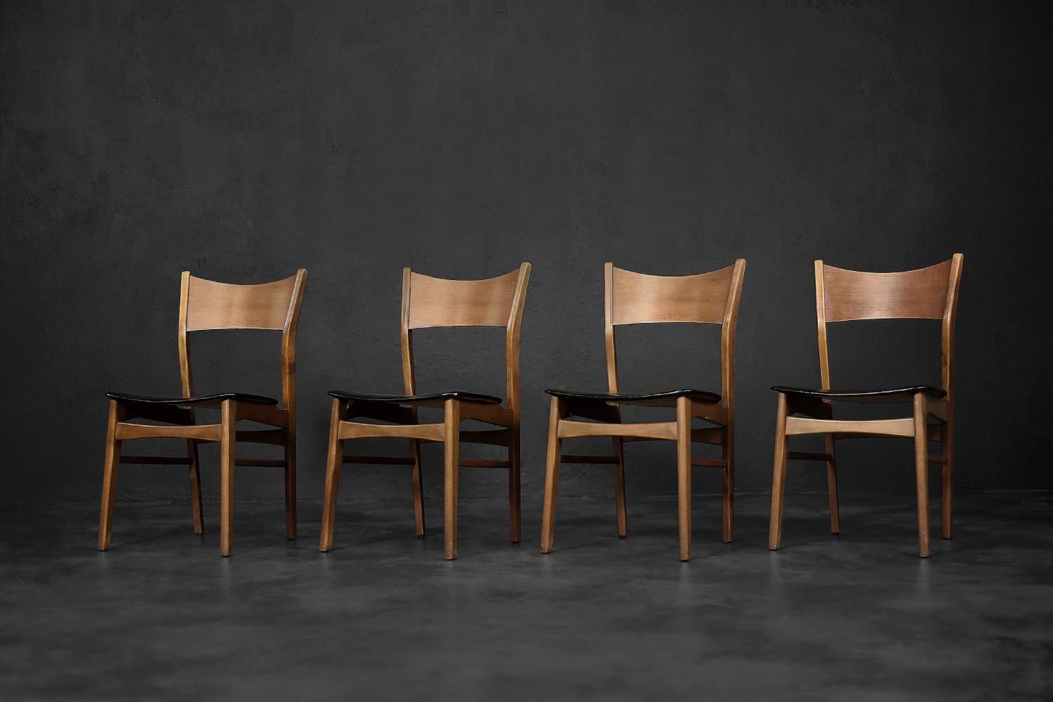 Danish Set of 4 Vintage Mid-Century Modern Scandinavian Dining Chairs in Beech &Teak  For Sale