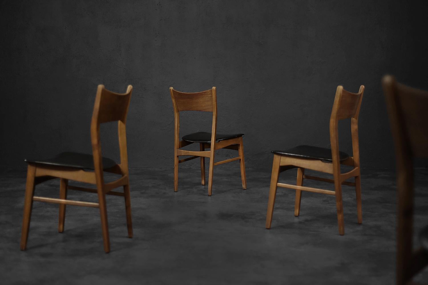 Faux Leather Set of 4 Vintage Mid-Century Modern Scandinavian Dining Chairs in Beech &Teak  For Sale