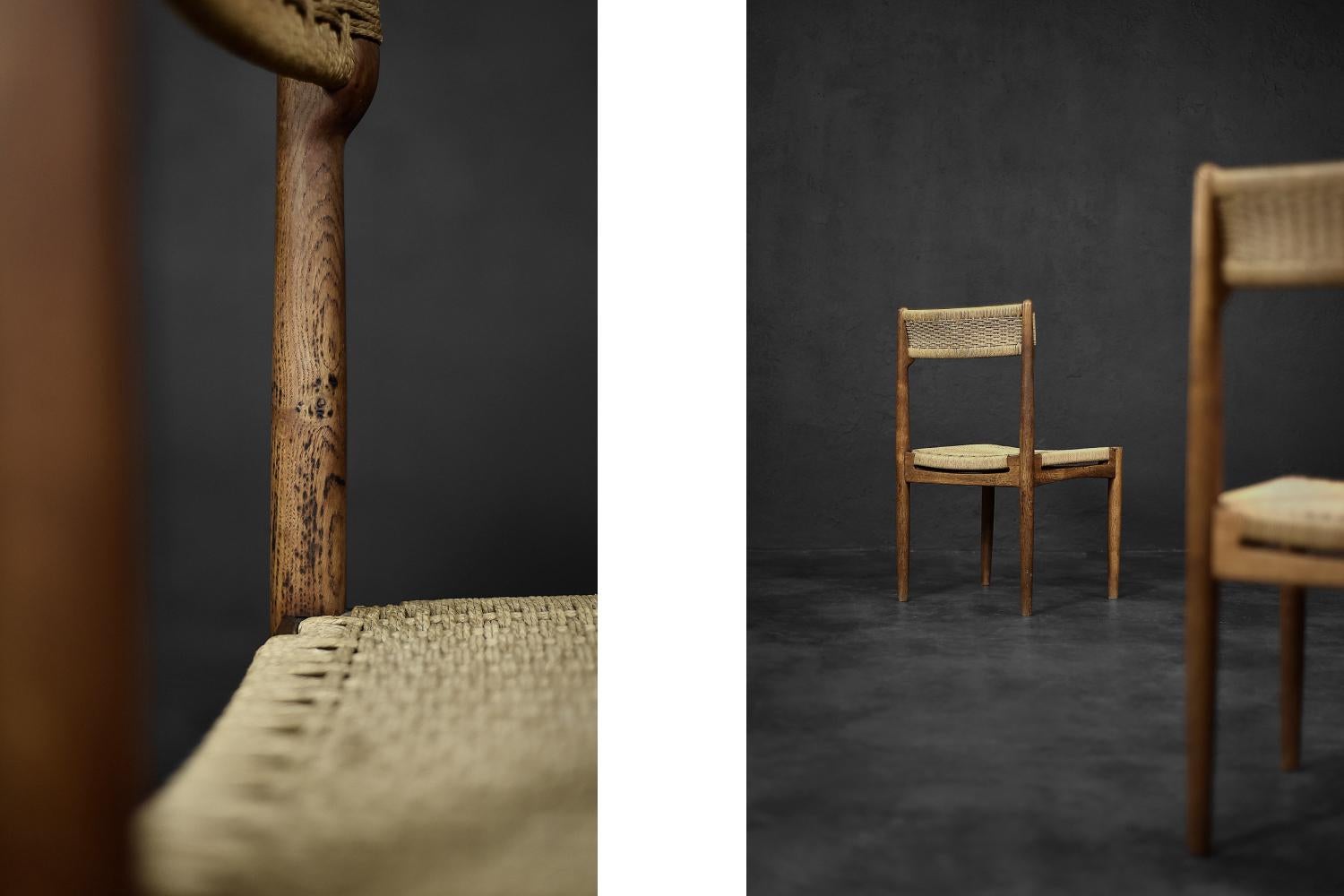 Mid-Century Modern Jeu de 4 chaises de salle à manger scandinave moderne du milieu du siècle dernier en chêne et corde à papier en vente
