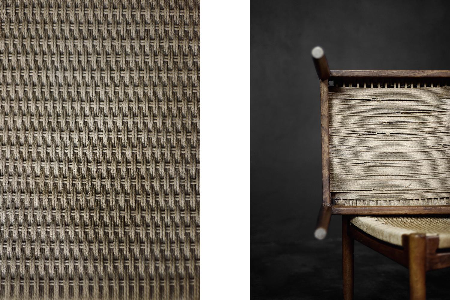 Corde en papier Jeu de 4 chaises de salle à manger scandinave moderne du milieu du siècle dernier en chêne et corde à papier en vente