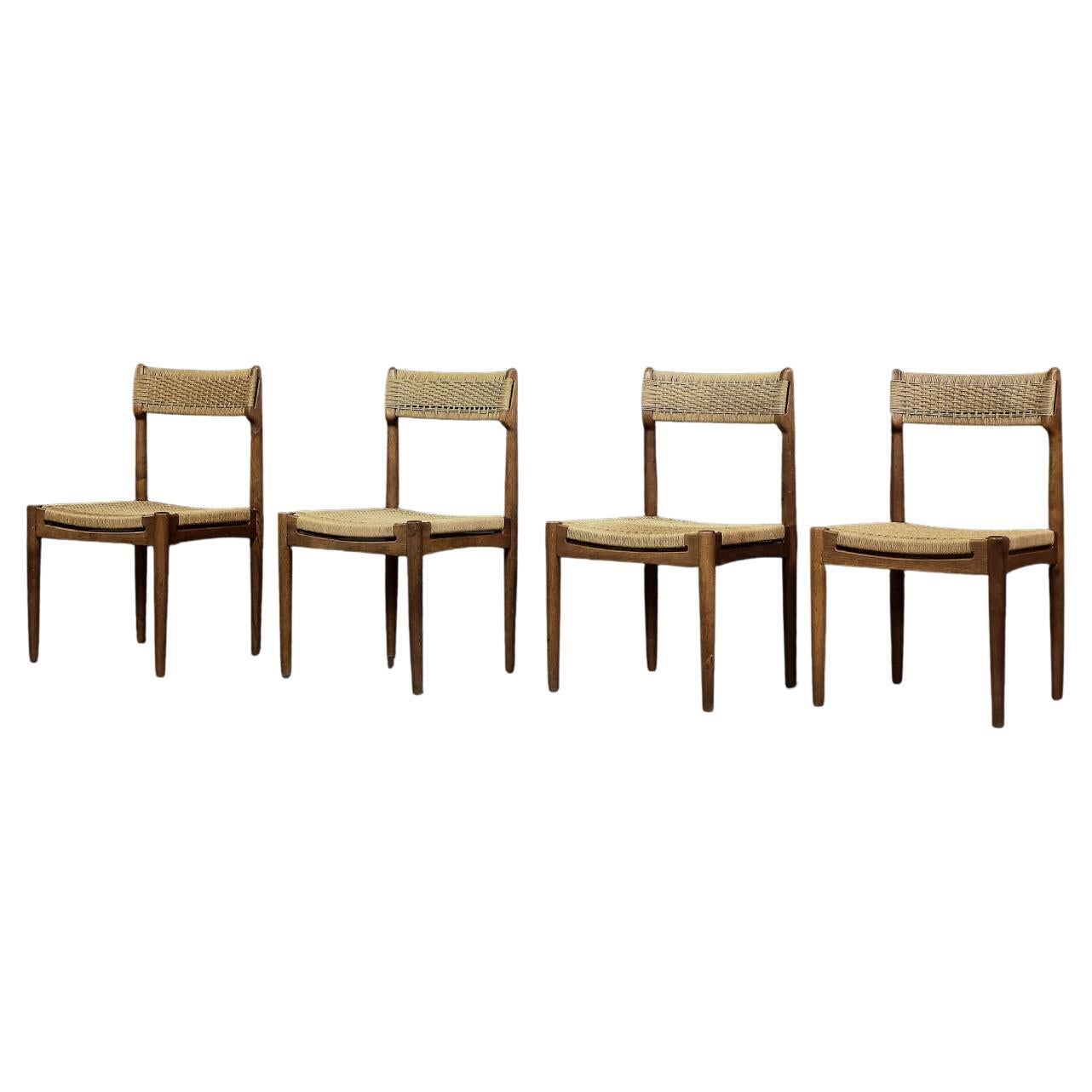 Satz von 4 skandinavischen Vintage-Esszimmerstühlen aus Eiche und Papierkordel, Mid-Century Modern