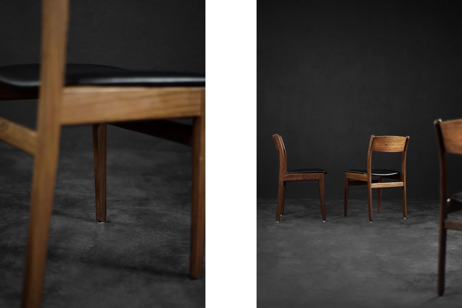 Faux Leather Set of 4 Vintage Mid-Century Modern Scandinavian Teak & Vinyl Dining Chairs For Sale