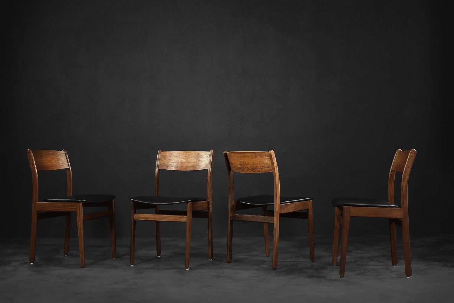 Set of 4 Vintage Mid-Century Modern Scandinavian Teak & Vinyl Dining Chairs For Sale 2