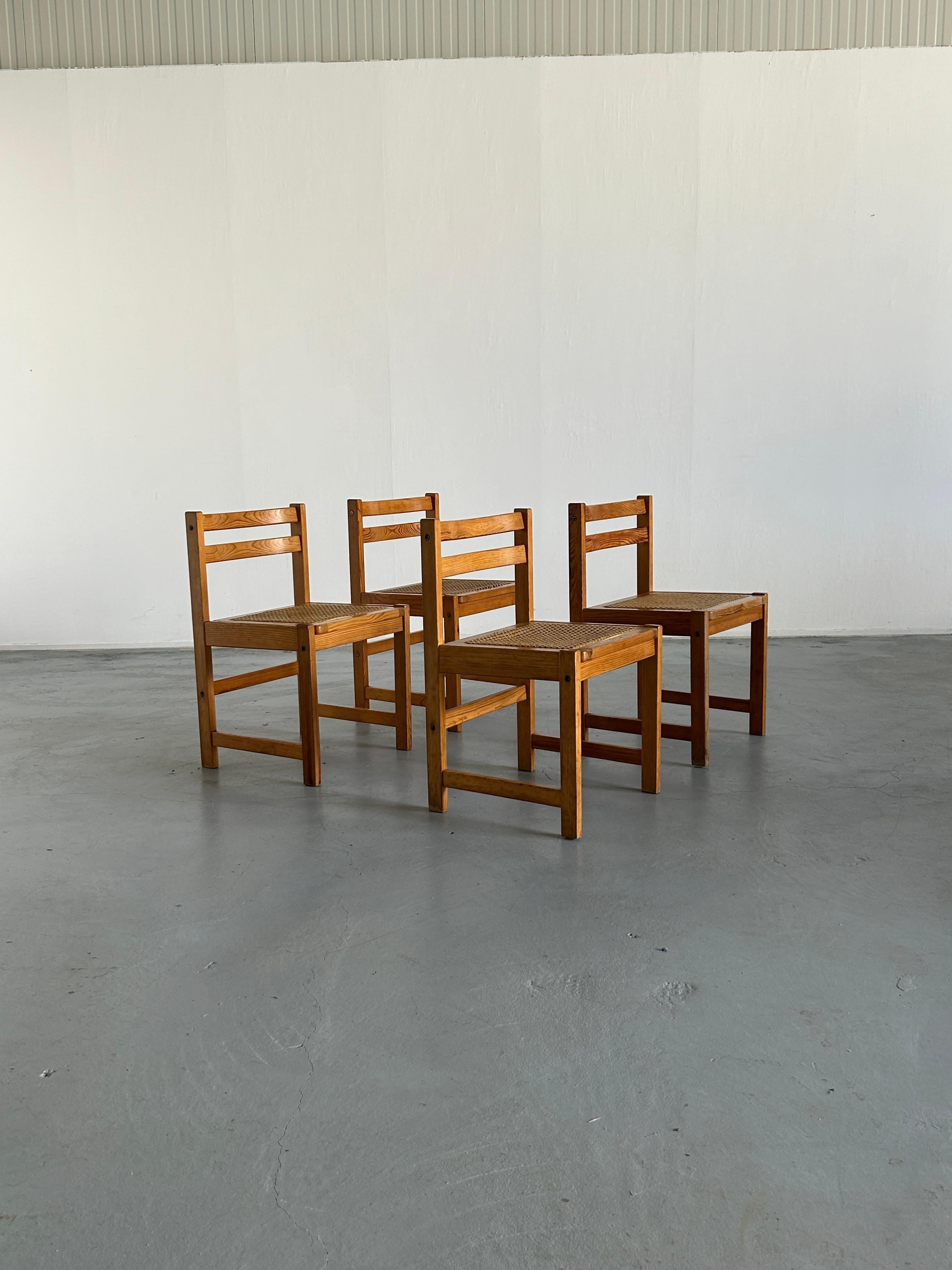 Mid-20th Century Set of 4 Vintage Mid-Century Modern Wooden Dining Chairs in Beech and Cane, 60s