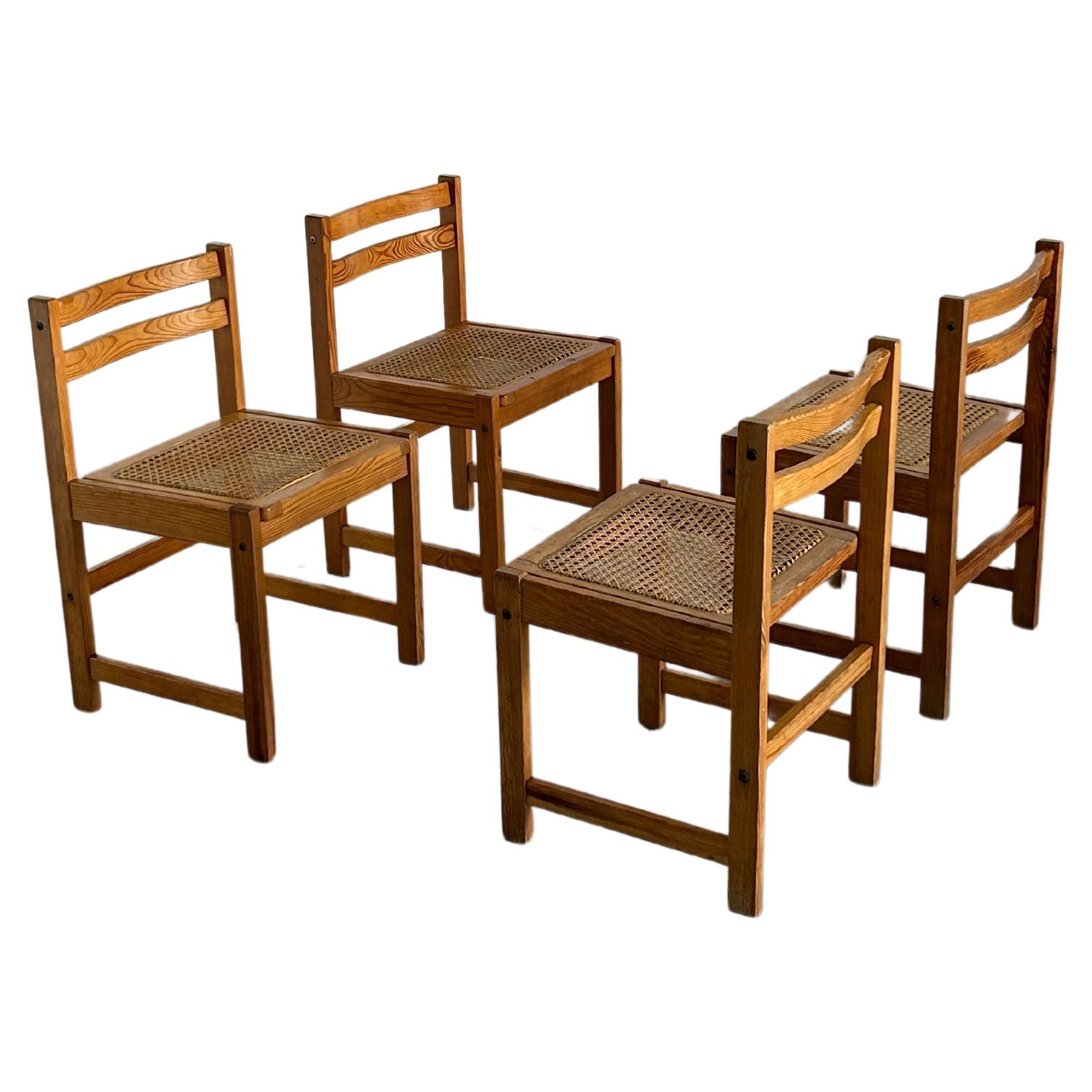 Set of 4 Vintage Mid-Century Modern Wooden Dining Chairs in Beech and Cane, 60s