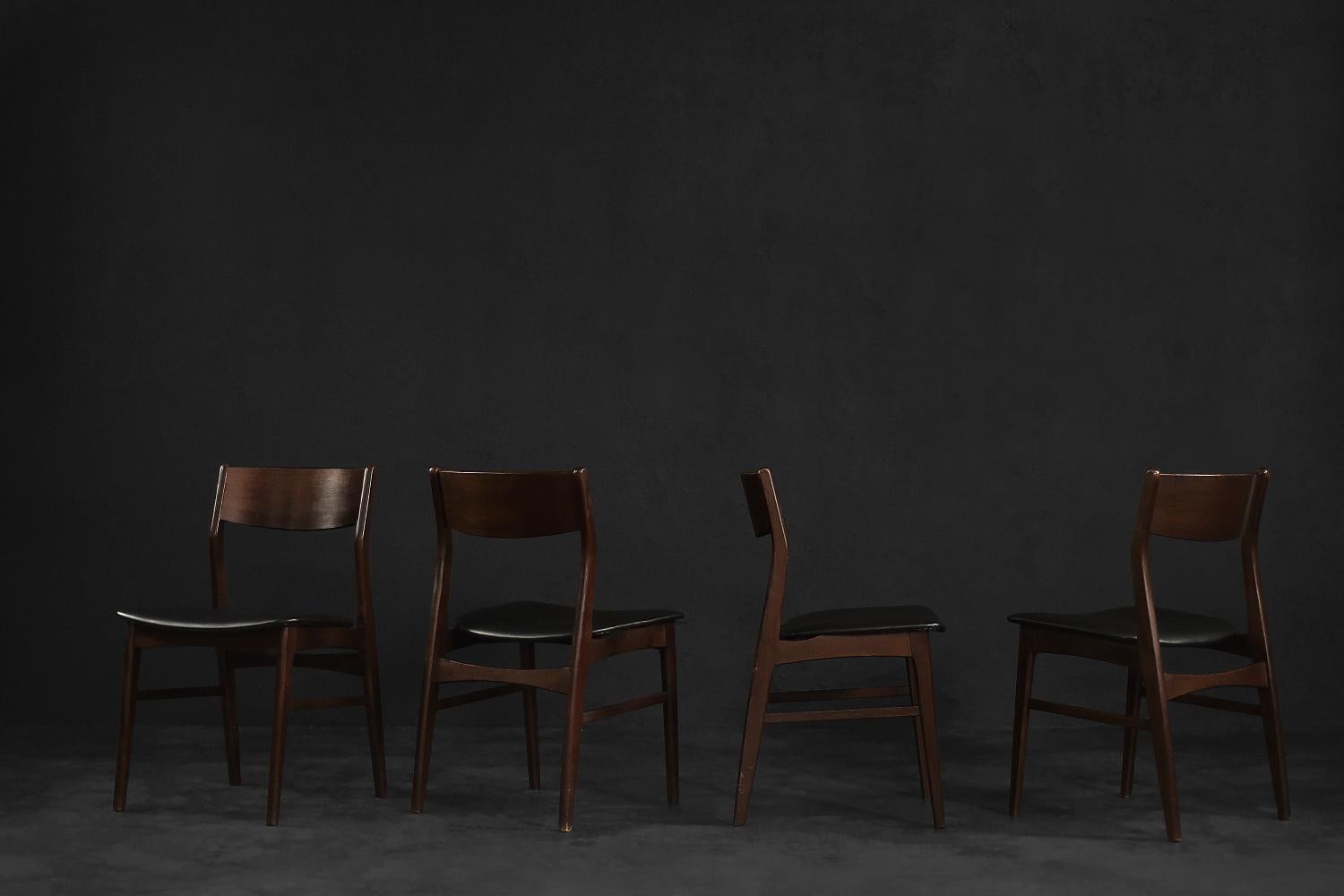 Faux Leather Set of 4 Vintage Midcentury Scandinavian Modern Dining Chairs in Beech&Rosewood For Sale