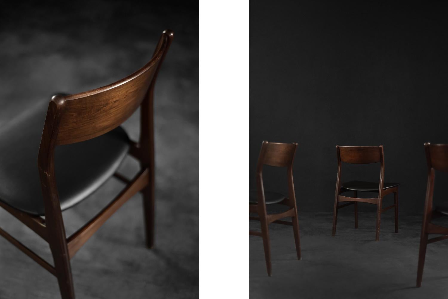 Imitation cuir Ensemble de 4 chaises de salle à manger vintage de style scandinave moderne du milieu du siècle en hêtre et bois de rose en vente