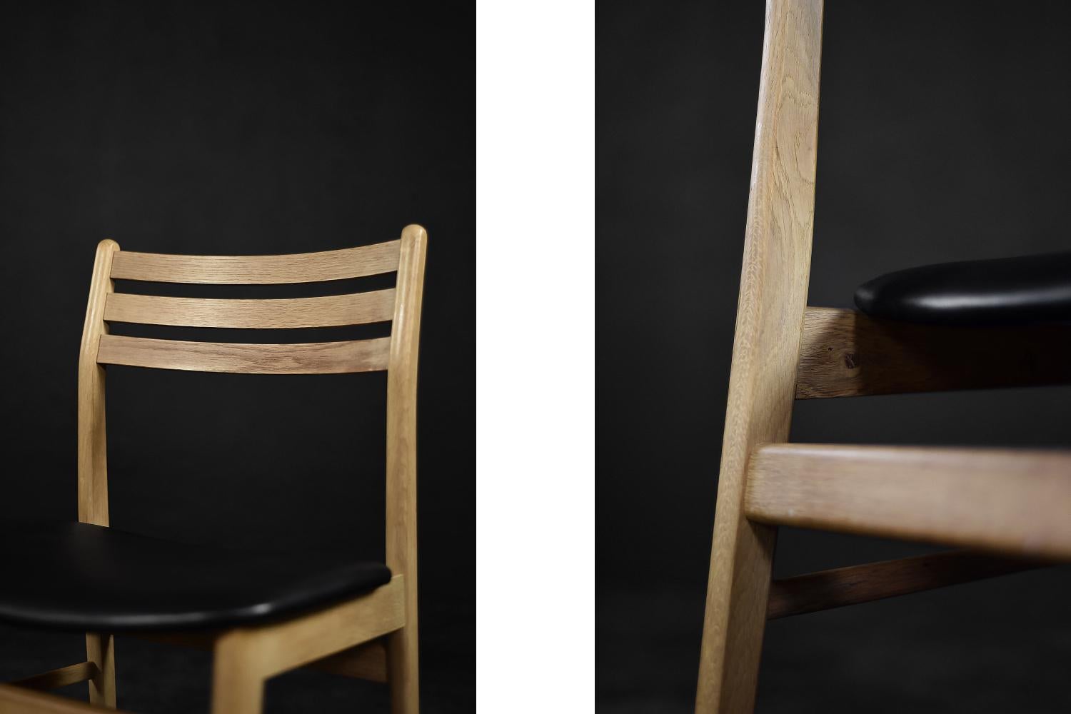Mid-20th Century Set of 4 Vintage Midcentury Scandinavian Modern Oak Wood & Vinyl Dining Chairs For Sale