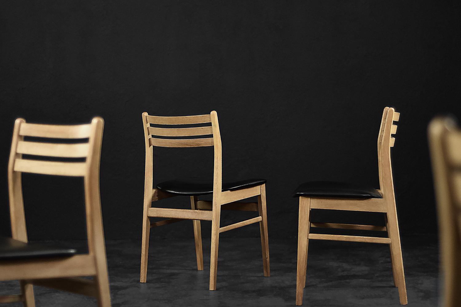 Faux Leather Set of 4 Vintage Midcentury Scandinavian Modern Oak Wood & Vinyl Dining Chairs For Sale