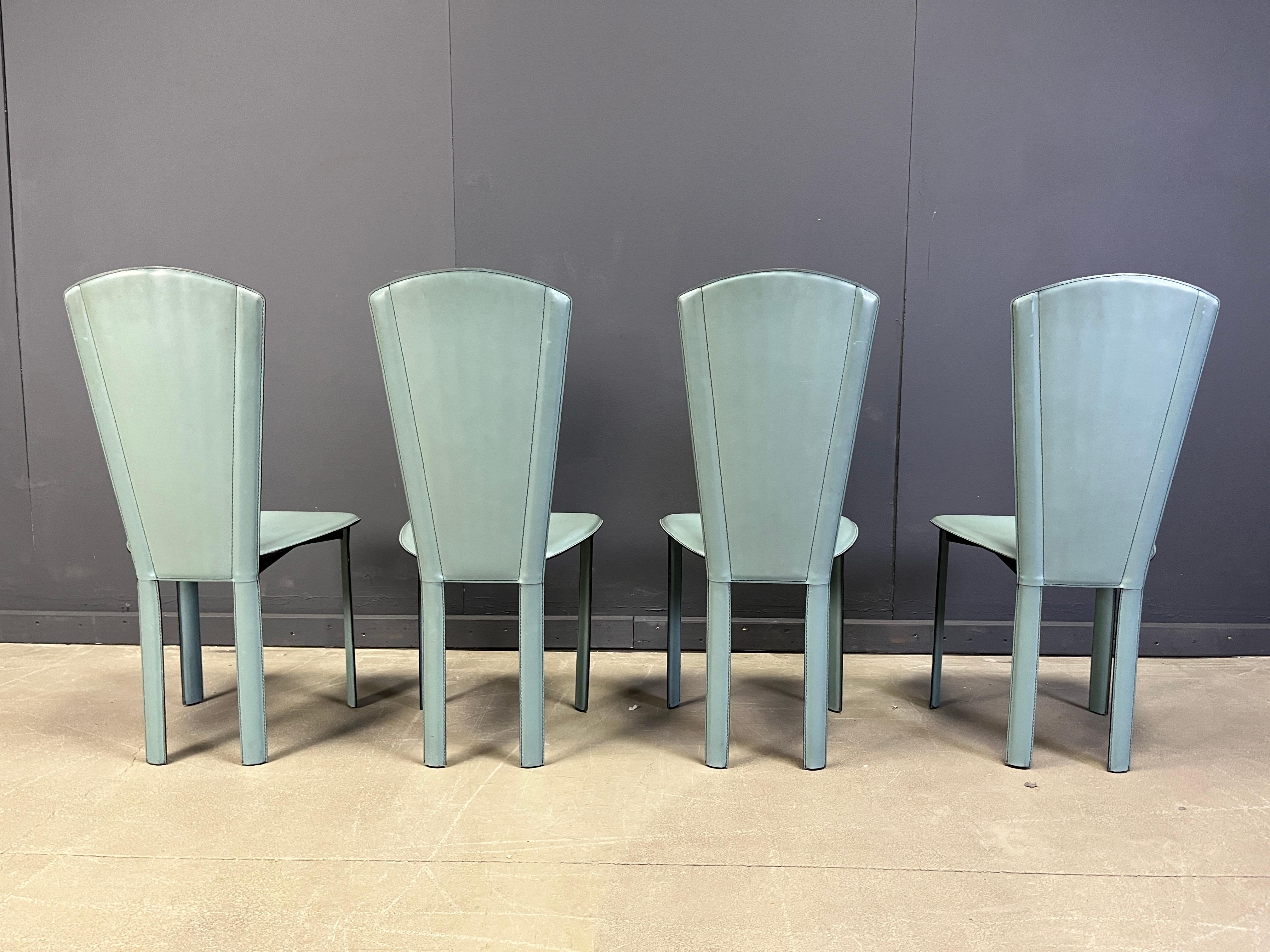 Pelle Set di 4 sedie da pranzo in pelle verde menta vintage, anni '80 in vendita
