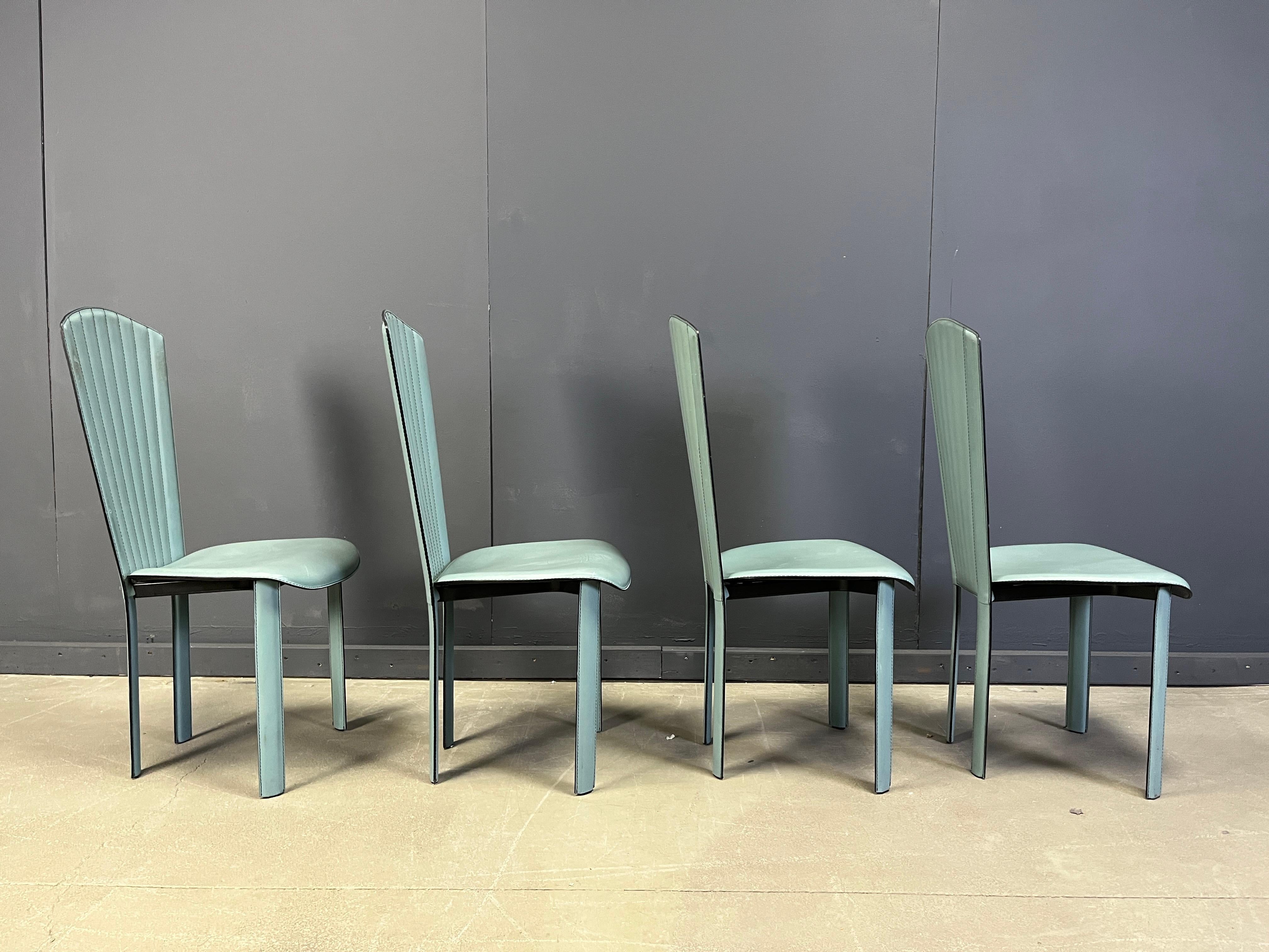 Set di 4 sedie da pranzo in pelle verde menta vintage, anni '80 in vendita 1