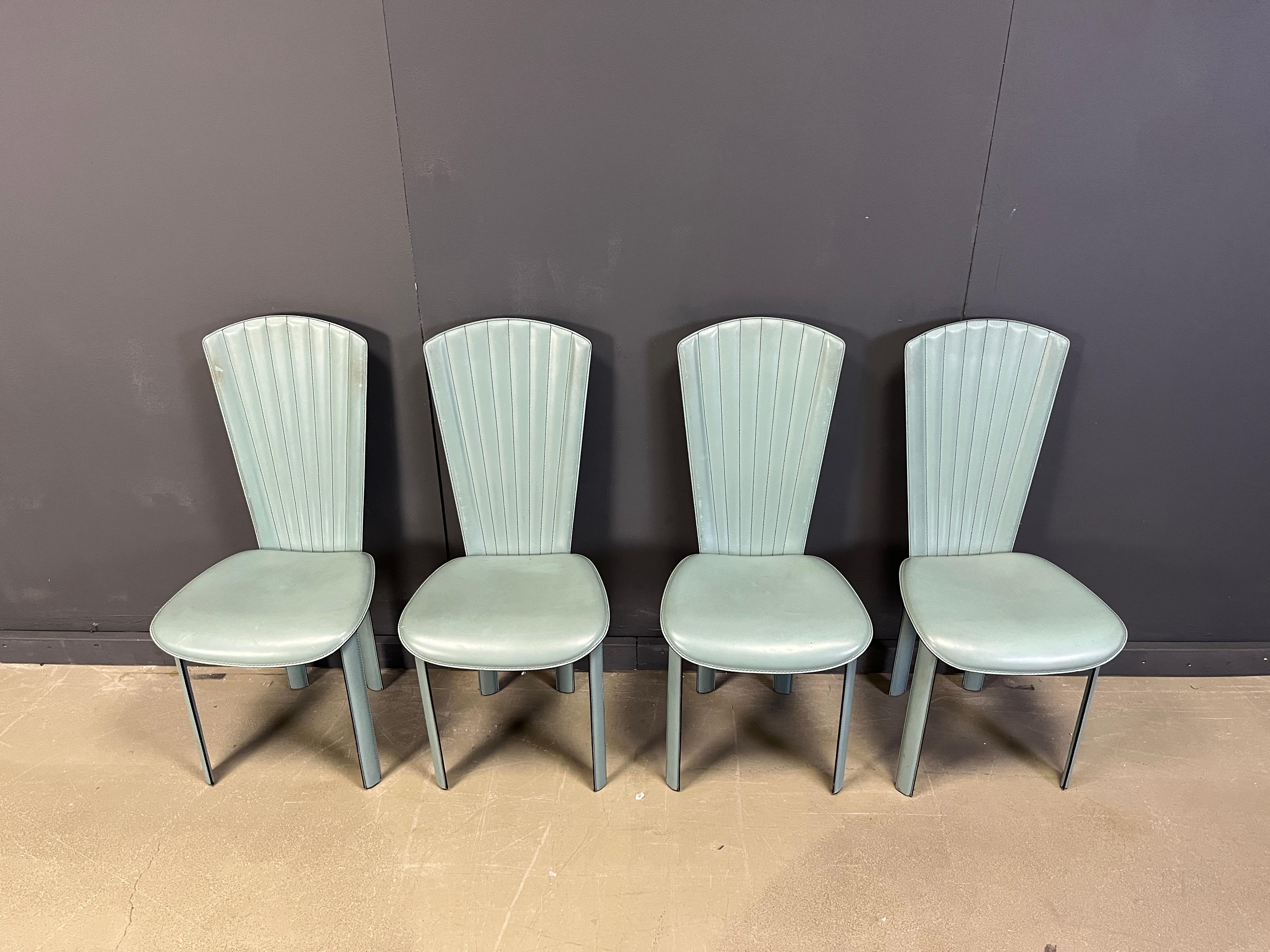 Set di 4 sedie da pranzo in pelle verde menta vintage, anni '80 in vendita 2