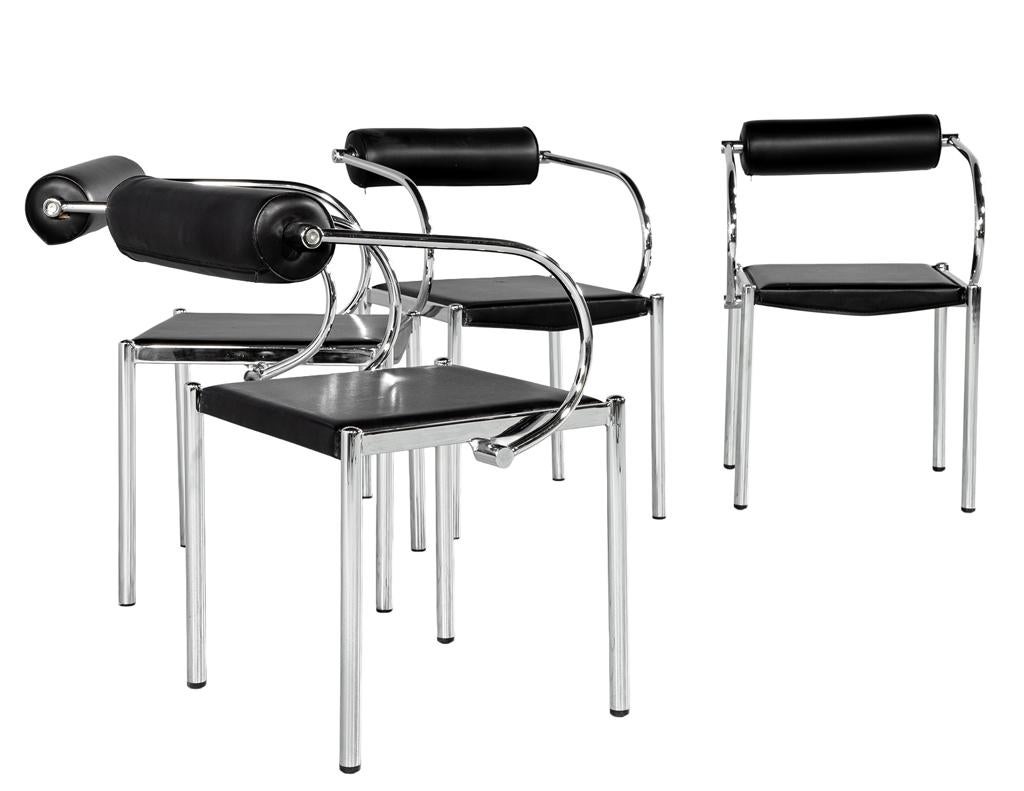 Ensemble de 4 chaises en métal tubulaire en cuir noir vintage et moderne en vente 2