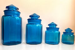 Set of 4 Vintage Peacock Blue Smooth Panel Canister Set by L. E. Smith, 1970's