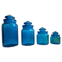 Set of 4 Vintage Peacock Blue Smooth Panel Canister Set by L. E. Smith, 1970's