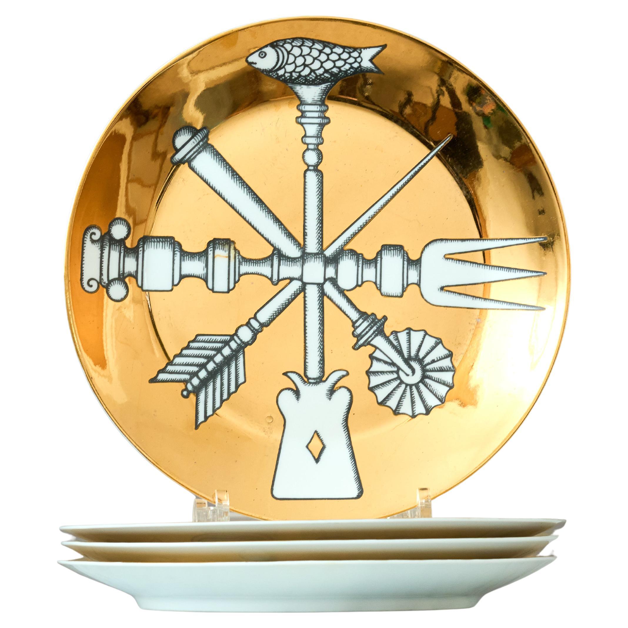 Satz von 4 Vintage Piero Fornasetti Keramiktellern 'Posateria', Italien 1950er Jahre